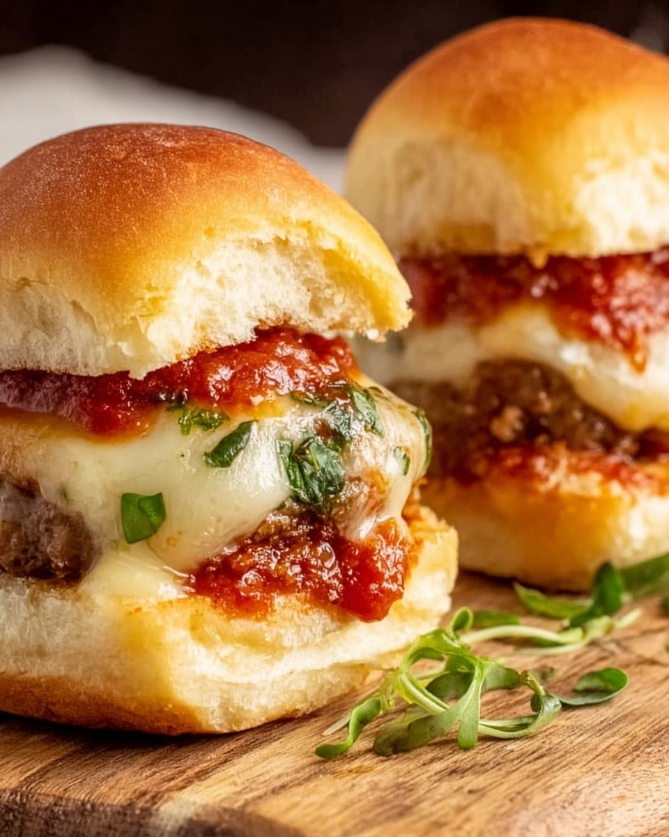 Two small sandwiches sit on a wooden surface with a white marbled texture underneath. Each sandwich has three layers: a soft golden brown bun top, a middle layer of melted light yellow cheese covering a browned patty, and bright red tomato sauce both under and above the cheese. Fresh green herbs are sprinkled around the sandwich and peek out from under the melted cheese, adding contrast. The buns look soft and fluffy with a slight shine on the rounded tops. photo taken with an iphone --ar 4:5 --v 7