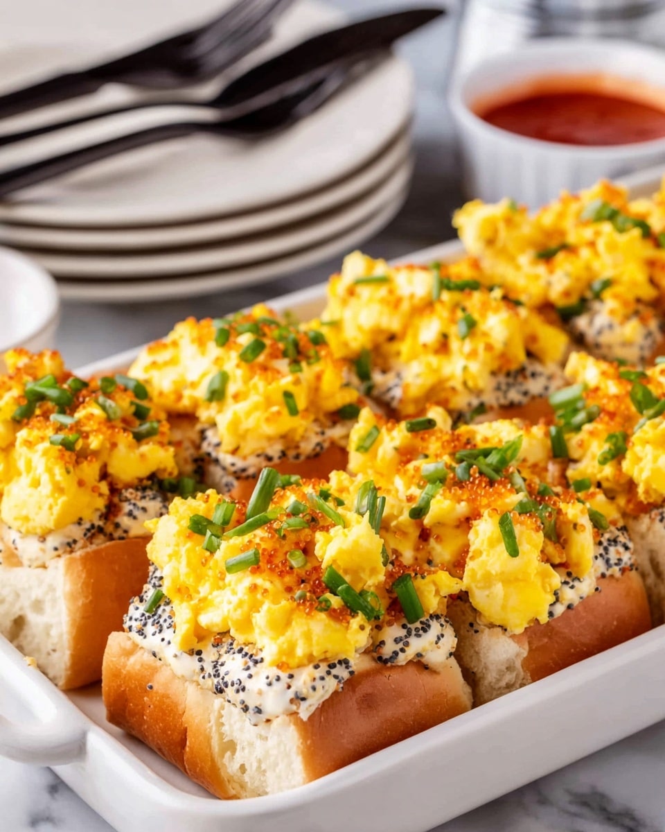 The image shows a white rectangular dish filled with multiple pieces of bread topped with creamy white spread, fluffy bright yellow scrambled eggs, and small bits of red garnish scattered on top. Each piece is sprinkled with finely chopped green herbs, adding a fresh color contrast. The bread looks soft and golden brown, with a light sprinkle of black pepper and crumbs visible around the dish. In the background, there are white plates stacked with black forks, alongside a small white bowl of red sauce, all placed on a white marbled surface. The photo taken with an iphone --ar 4:5 --v 7