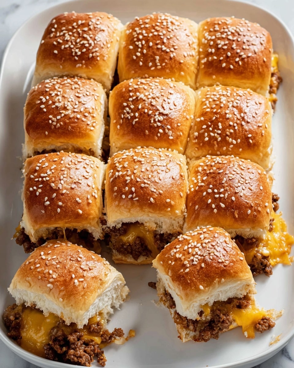 A white plate holds nine soft, golden-brown slider buns topped with white sesame seeds arranged in a 3x3 grid. Each slider has a middle layer filled with a mix of browned ground beef and melted yellow and white cheese that seeps slightly out at the edges. One slider in the bottom left corner is pulled slightly away from the group, showing the filling more clearly. The buns are fluffy and slightly shiny, with a light crust on top. The plate rests on a white marbled surface. photo taken with an iphone --ar 4:5 --v 7