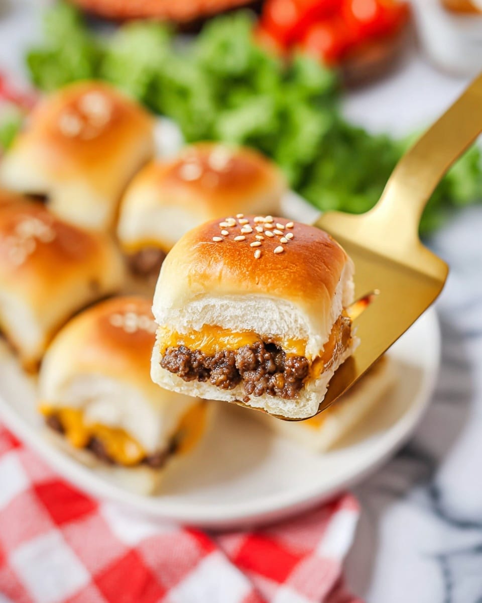 The image shows a close-up of a small sandwich slider held by a gold spatula. The slider has three main layers: the top layer is a shiny golden brown bun sprinkled with white sesame seeds, the middle layer is melted bright orange cheddar cheese, and the bottom layer is cooked, crumbly brown ground beef inside a soft, white bun base. In the background, there is a white plate with more sliders and some green lettuce and red tomatoes on a white marbled surface with a red and white checkered cloth nearby. photo taken with an iphone --ar 4:5 --v 7
