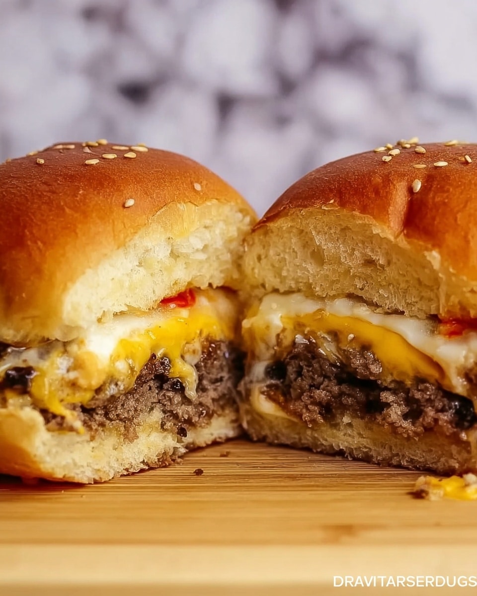 The image shows a close-up of a sandwich cut in half, with two soft, shiny brown buns topped with a few sesame seeds on top. Inside, there are at least two layers: a light yellow melted cheese layer stretched between the halves, sitting above a cooked ground meat patty that has a slightly rough texture and dark brown color. There are small bits of red, likely ketchup or sauce, peeking through near the cheese. The sandwich is on a light wooden surface with a white marbled textured background. photo taken with an iphone --ar 4:5 --v 7