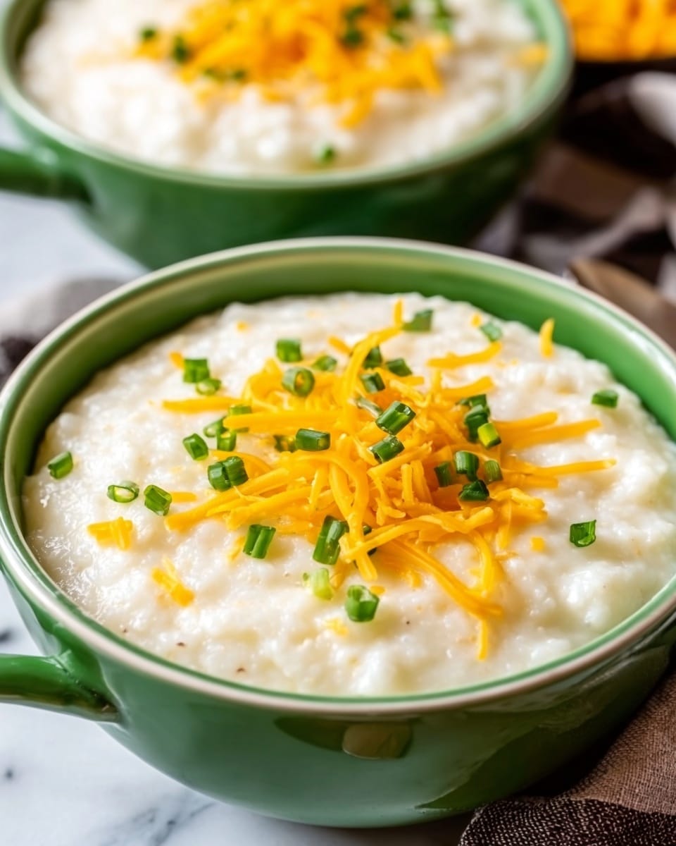 A close-up of a white bowl filled with creamy, thick white grits topped with shredded bright yellow cheddar cheese and small pieces of fresh green chives. The bowl is on a white marbled surface, and a second bowl filled with the same dish is slightly blurred in the background. The texture of the grits looks smooth and soft, with the cheese and chives adding a pop of color on top. Photo taken with an iphone --ar 4:5 --v 7