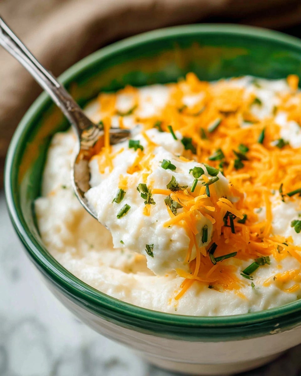 A close-up of a thick, creamy white dish in a white bowl with a green rim, topped with bright orange shredded cheese and small chopped green herbs. A metal spoon scoops up part of the soft, smooth mixture, which looks fluffy and rich. The white marbled surface is slightly blurred in the background. The colors are warm and inviting, with the contrast between the orange cheese, green herbs, and creamy white base being very clear. photo taken with an iphone --ar 4:5 --v 7