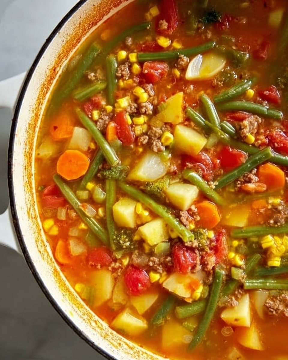 A close-up of a large white pot filled with a colorful vegetable soup, showing a mix of green beans, yellow corn kernels, orange carrot slices, red tomato pieces, diced potatoes, and small bits of browned ground meat, all swimming in a clear, slightly orange broth; the pot's inside rim is slightly stained from cooking, and it sits on a white marbled surface. photo taken with an iphone --ar 4:5 --v 7