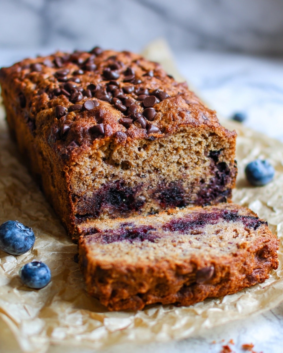 A loaf of sliced banana bread sits on crinkled parchment paper with some blueberries scattered around. The bread has two main layers: the outer layer is golden brown with a rough, crumbly texture and chocolate chips spread on top, while the inner layer is lighter brown with a moist, grainy texture and visible blueberry pieces inside. The background is a white marbled texture. photo taken with an iphone --ar 4:5 --v 7
