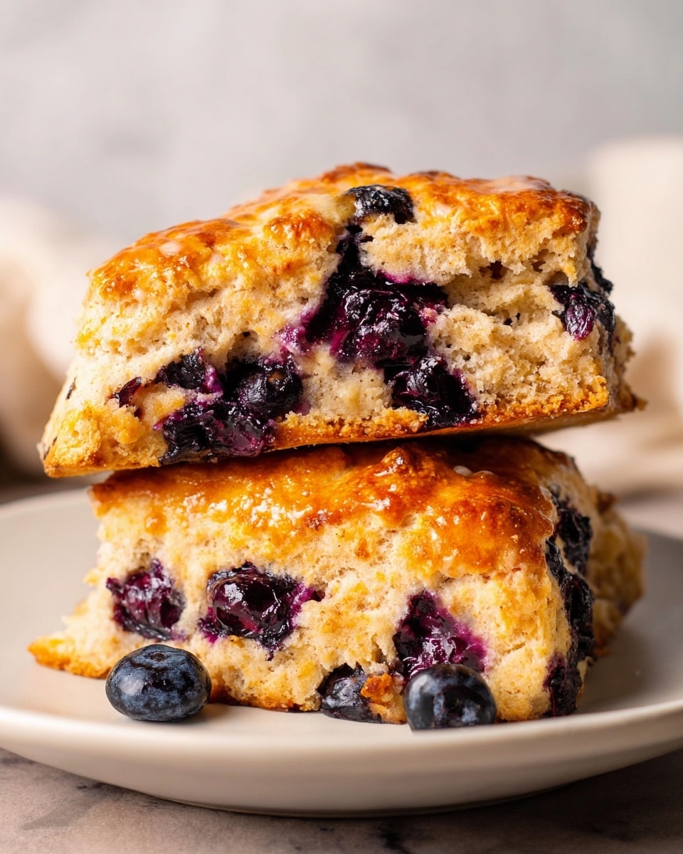 The image shows two layers of a golden-brown baked blueberry scone on a white plate, stacked with the upper piece slightly broken to reveal a soft, crumbly inside filled with dark purple, juicy blueberries. The top crust is crispy and shiny with a slightly rough texture, while the inside layers are light beige with visible bits of moist blueberries bursting through. The background is a white marbled texture with a blurred white and tan cloth in the back, emphasizing the scone’s warm colors and textures. Photo taken with an iphone --ar 4:5 --v 7