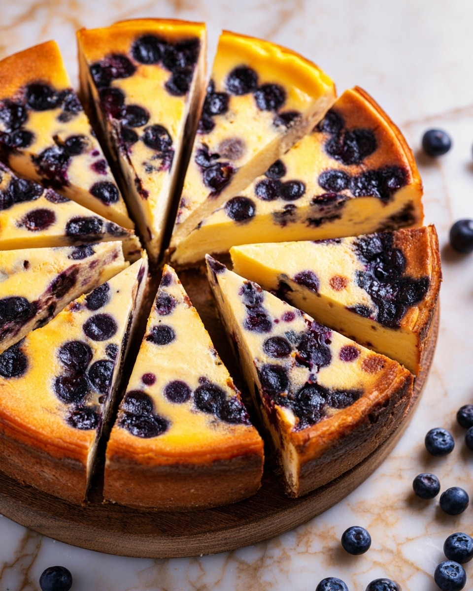 A close-up view of sliced cheesecake with a thick creamy off-white middle layer showing a smooth, dense texture filled with embedded dark purple blueberries. The top layer is a light golden brown with some darker toasted spots, scattered with whole blueberries, adding a rich color contrast. The cheesecake has a tall, golden brown crust that curls gently around the edges, showing a firm and slightly crumbly texture. The slices sit on a wooden board that contrasts nicely with the white marbled background surrounding it. One whole blueberry rests in front of the slices, adding a natural touch. photo taken with an iphone --ar 4:5 --v 7