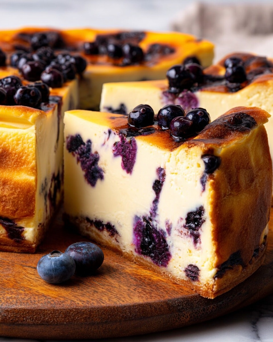 A round blueberry cheesecake is cut into twelve slices and arranged on a wooden board. Each slice has a thick yellow creamy layer with a golden-brown top and dark purple blueberries baked inside. The cheesecake crust is thin and light brown, slightly visible under the cream layer. Fresh blueberries are scattered on a white marbled surface around the board, adding extra color to the scene. photo taken with an iphone --ar 4:5 --v 7