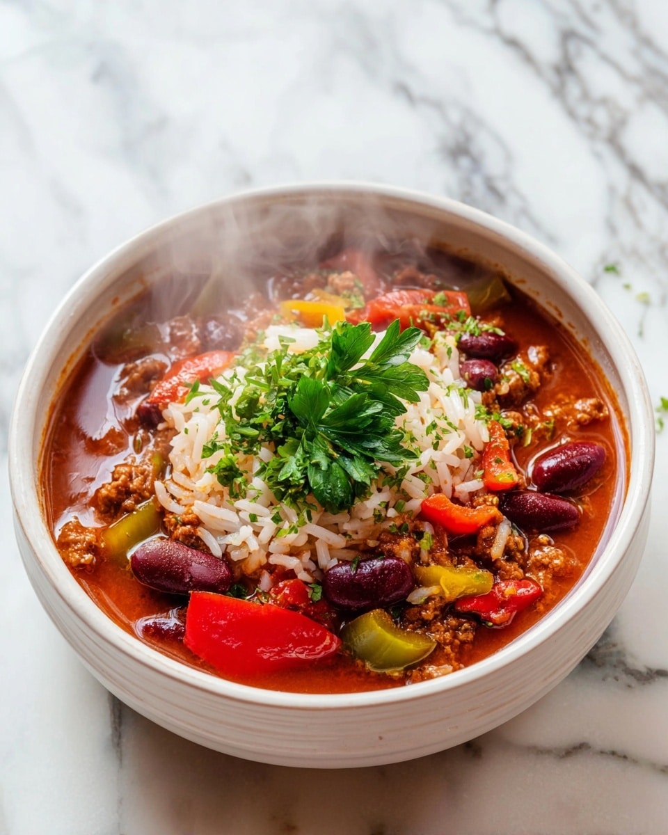 A white bowl with two handles is filled with steaming hot soup layered with cooked white rice at the bottom, followed by a mix of ground meat, red kidney beans, and diced red and yellow bell peppers in a rich red tomato broth. The soup is topped with a bright green bunch of fresh parsley sitting in the center. The bowl is placed on a white marbled surface with subtle veins of gold and grey. Photo taken with an iphone --ar 4:5 --v 7