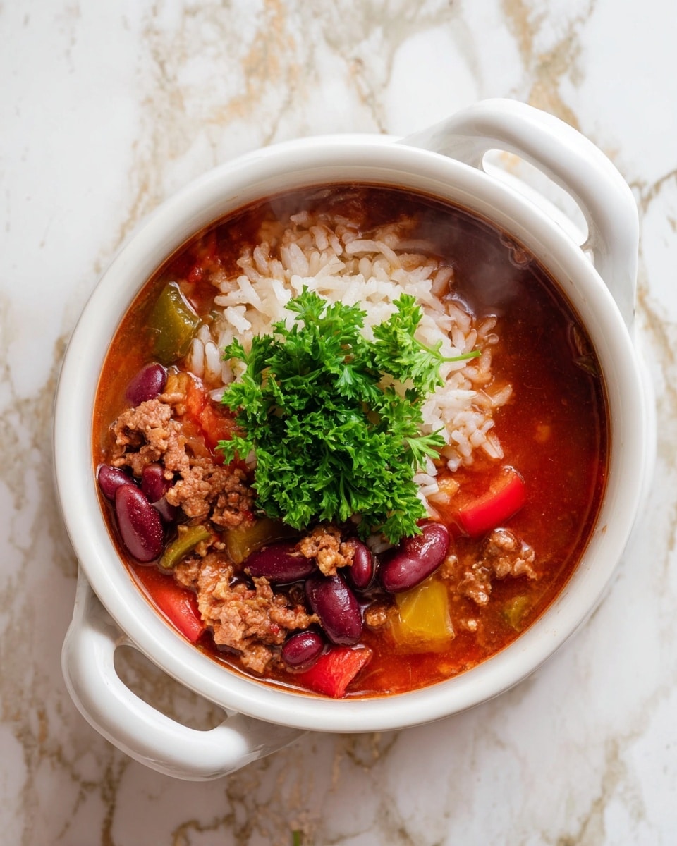 A white bowl filled with a steaming, colorful soup containing well-cooked white rice as the bottom layer, topped with browned ground meat, dark red kidney beans, and chopped red and yellow bell peppers, all immersed in a rich red tomato-based broth. Bright green fresh parsley leaves sit on top as a garnish in the center, adding contrast and freshness. The bowl is placed on a white marbled surface with soft steam rising from the hot soup, creating a warm and inviting look. photo taken with an iphone --ar 4:5 --v 7