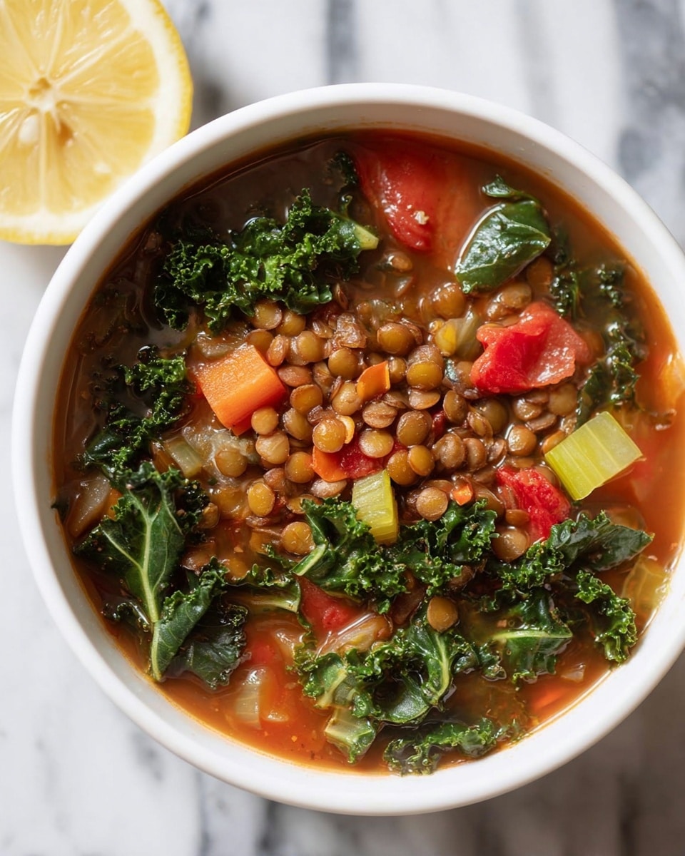 A white bowl filled with lentil soup resting on a white marbled surface, showing visible steam rising. The soup has a rich brown broth base with layers of light brown lentils piled in the center. Surrounding the lentils are chopped dark green kale leaves, light green celery pieces, and chunks of red tomato and orange carrot, all floating in the broth. In the upper right corner of the image, half a lemon is placed on the white marbled surface. photo taken with an iphone --ar 4:5 --v 7