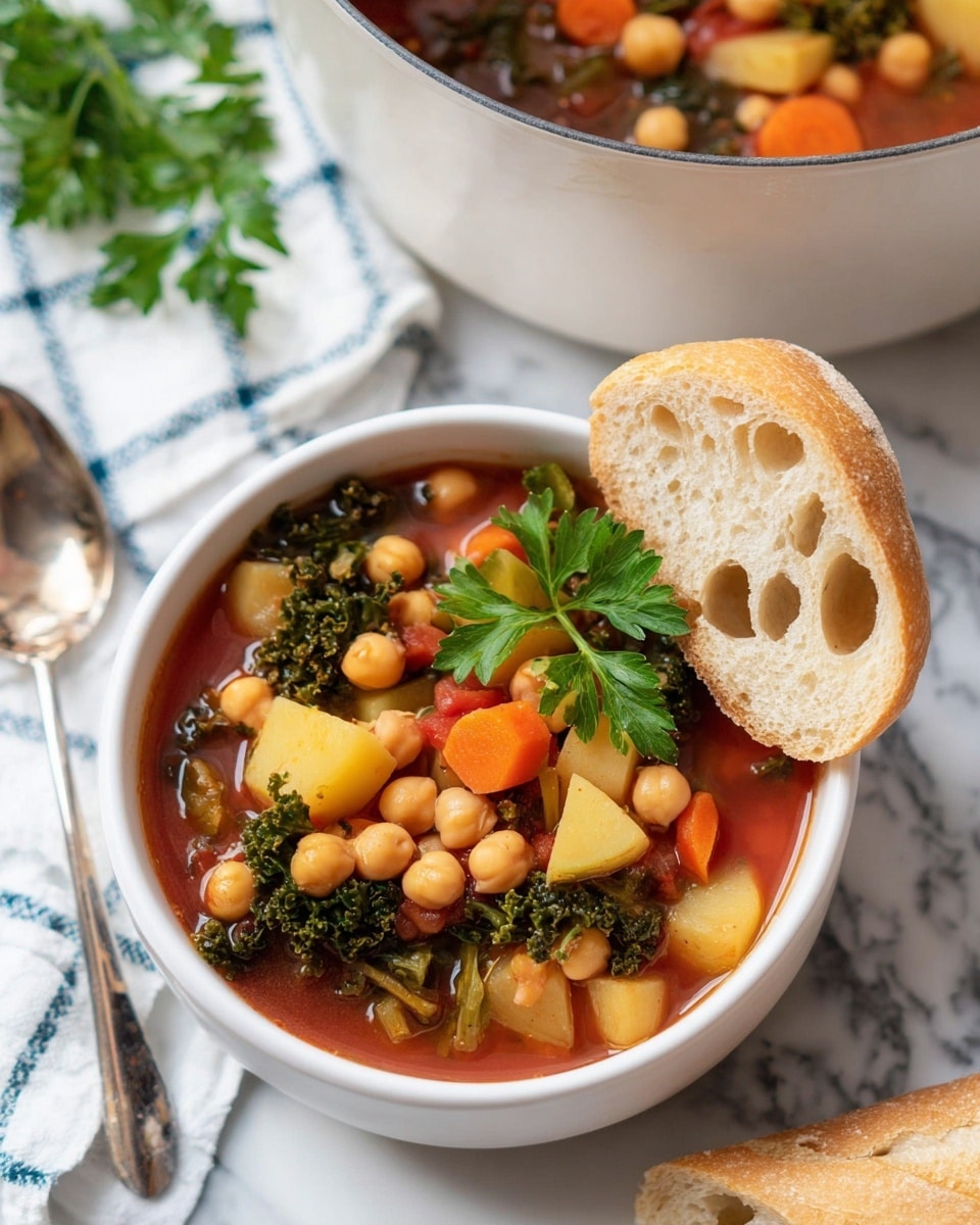 A white bowl filled with a colorful chickpea soup, showing three main layers: the bottom layer is a deep red broth, the middle layer has diced yellow potatoes and bright orange carrot slices, and the top layer is covered with a generous amount of round, light beige chickpeas and dark green kale leaves. A sprig of fresh green parsley rests on top, adding a fresh touch. A piece of crusty light brown bread with large air holes leans on the right side of the bowl. In the background, a white pot with the same soup is partially visible, and the whole scene is set on a white marbled surface with a white and blue checkered cloth and a silver spoon on the left side. photo taken with an iphone --ar 4:5 --v 7