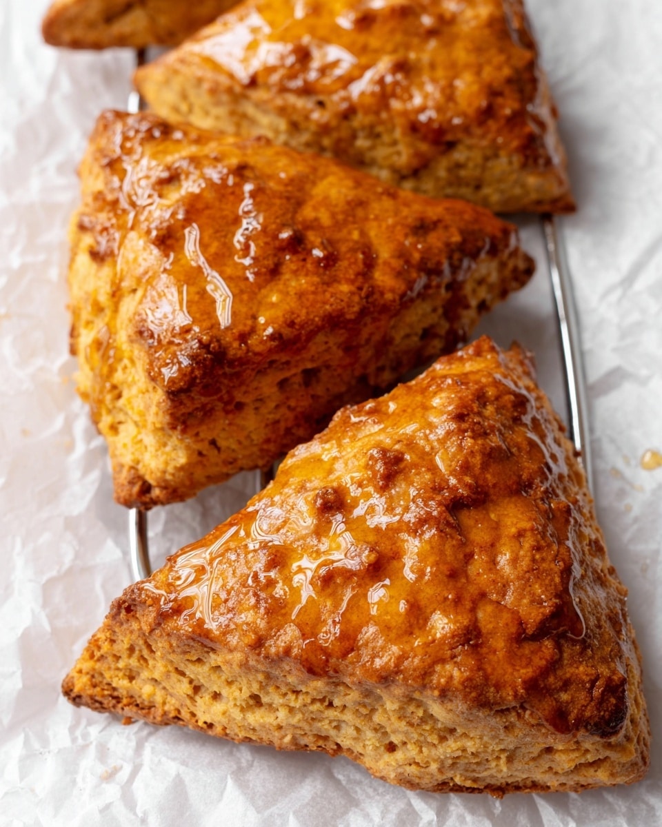 The image shows three golden-brown triangular scones with a rough and crumbly texture. Each scone is covered with a shiny layer of honey or syrup that glistens under the light. The scones are placed closely together on a silver cooling rack, which sits on white crinkled paper. The edges of the scones are slightly darker, showing a crisp crust, while the middle parts are lighter and soft looking. Photo taken with an iphone --ar 4:5 --v 7