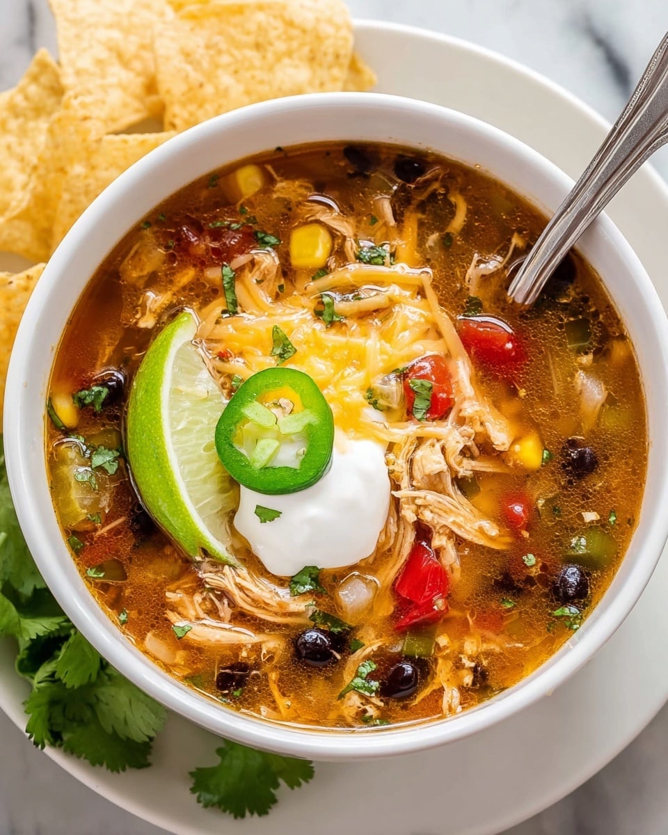 A white bowl filled with southwest chicken soup sits on a white plate with a woven placemat underneath, resting on a white marbled surface; the soup has a dark brown broth with visible shredded chicken, black beans, red bell pepper pieces, and corn, topped with shredded yellow and white cheese, a dollop of sour cream, a slice of lime, a slice of green jalapeño, and fresh cilantro leaves on one side. Around the bowl, there are tortilla chips placed on the plate and beside it. In the background, there is a white bowl filled with more tortilla chips on a white and red striped cloth, a lime, and chopped jalapeño slices next to a lime wedge and some cilantro sprigs on the surface. A spoon rests inside the soup bowl. photo taken with an iphone --ar 4:5 --v 7
