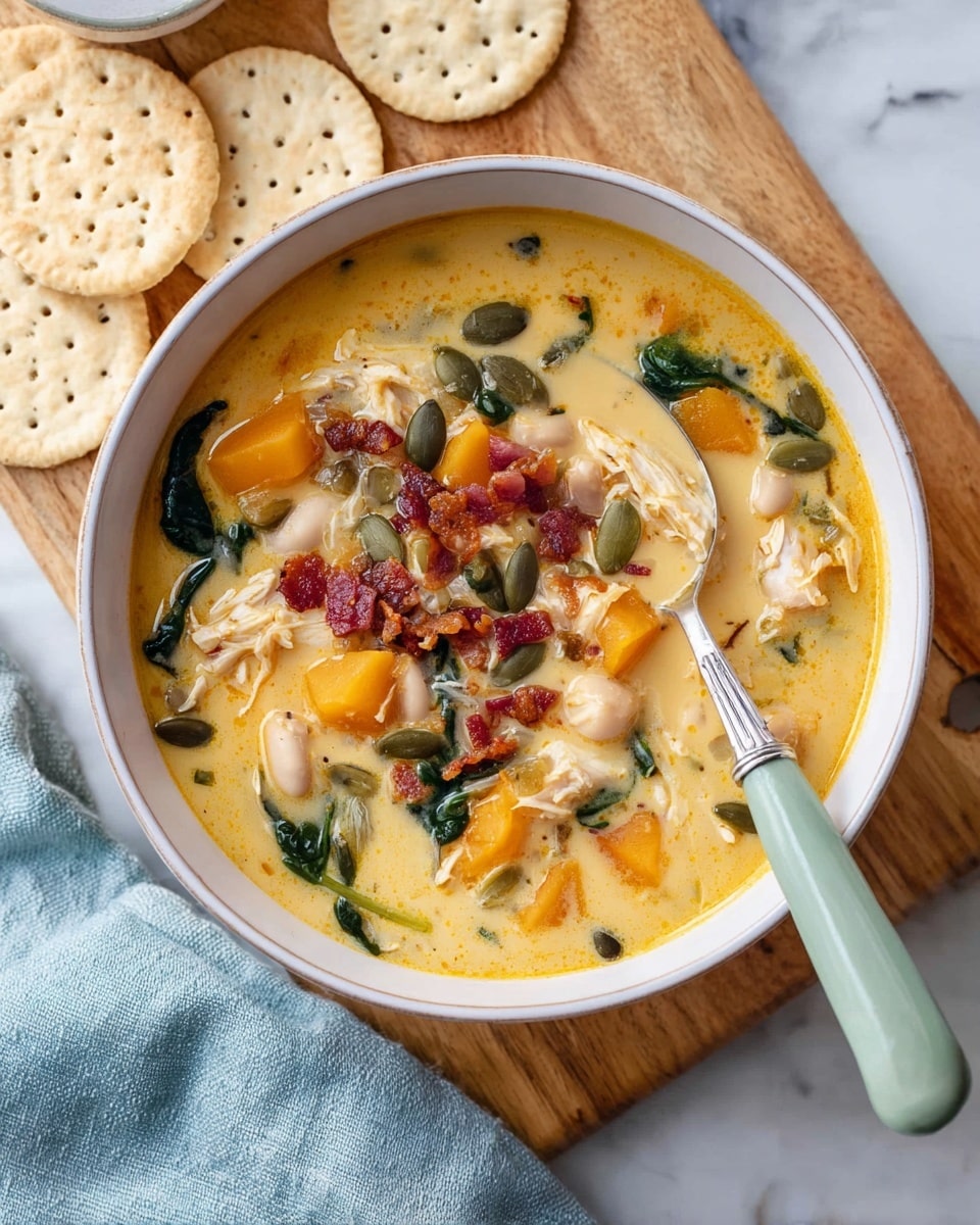 A white bowl filled with creamy soup showing several layers and textures: large orange chunks of squash sitting in the thick light yellow broth, scattered white beans adding smooth oval shapes, wilted dark green spinach leaves creating contrast, and small pieces of crispy red bacon spread throughout. On the surface, glossy green pumpkin seeds are sprinkled, giving a shiny, crunchy look. There is a slight sprinkle of black pepper on top. The bowl is placed on a wooden surface with part of a light blue cloth napkin visible nearby. Photo taken with an iphone --ar 4:5 --v 7