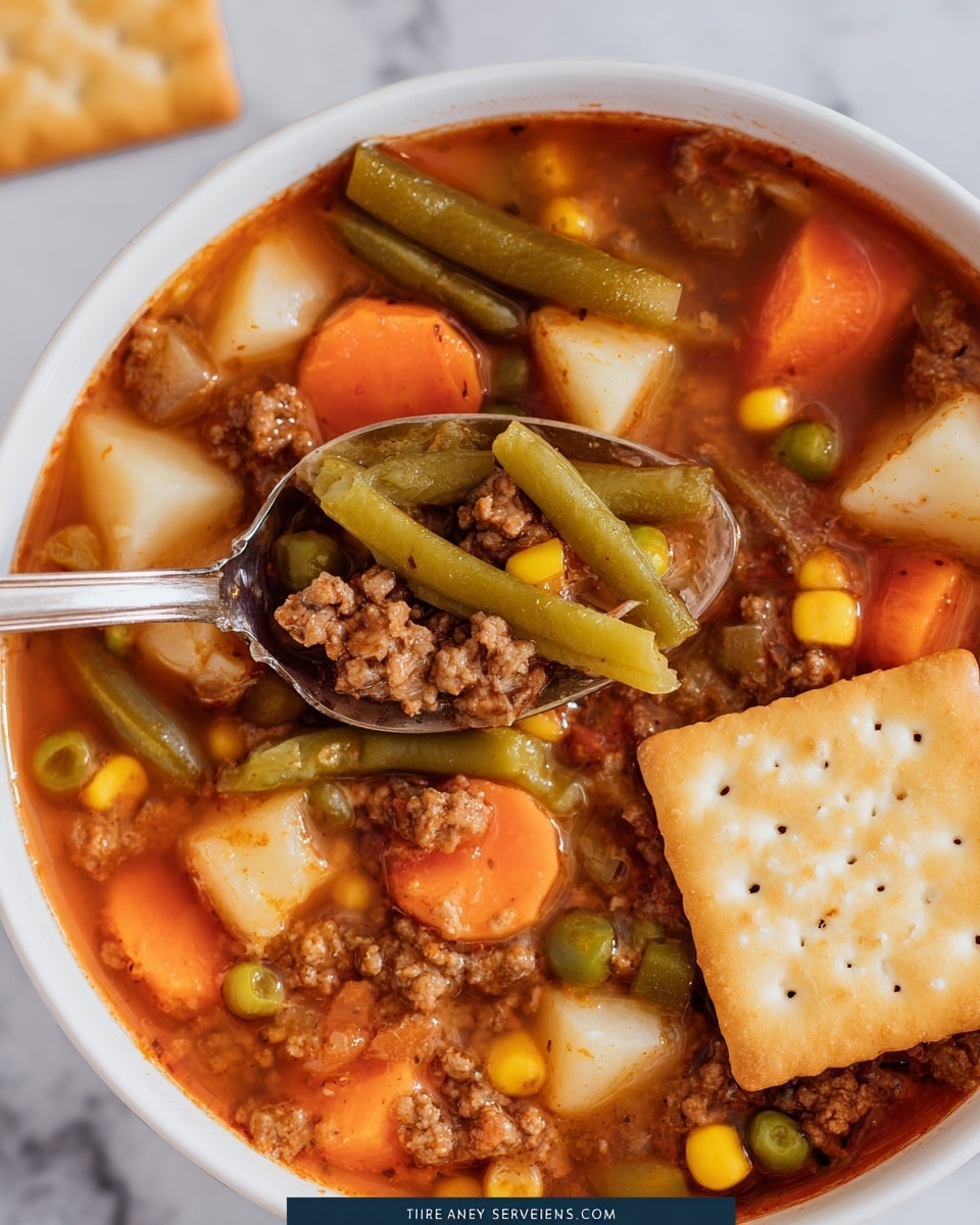 A close-up of a white bowl filled with chunky vegetable and ground meat soup. The soup has a reddish broth with visible pieces of green beans, orange carrot slices, yellow corn kernels, green peas, white potato chunks, and crumbled brown ground meat. Two square saltine crackers with salt specks rest on top of the soup. A silver spoon is placed inside the bowl, holding a scoop of green beans, ground meat, and peas. The background shows a white marbled texture. photo taken with an iphone --ar 4:5 --v 7