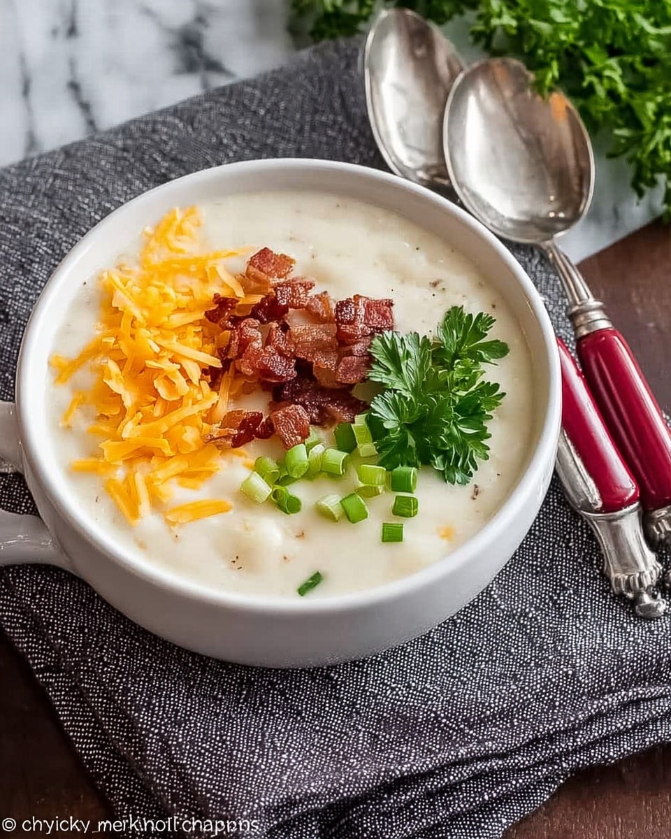 A white bowl filled with creamy white soup sits on a dark wooden table with a textured dark gray cloth beside it. The soup has three main toppings: finely shredded orange cheddar cheese on one side, small crispy brown bacon pieces in the center, and bright green chopped scallions next to the bacon. A fresh green parsley sprig with multiple leaves is placed on the edge of the bowl. Two spoons with silver heads and red handles rest beside the bowl. The background features a white marbled texture appearing behind the setup. photo taken with an iphone --ar 4:5 --v 7