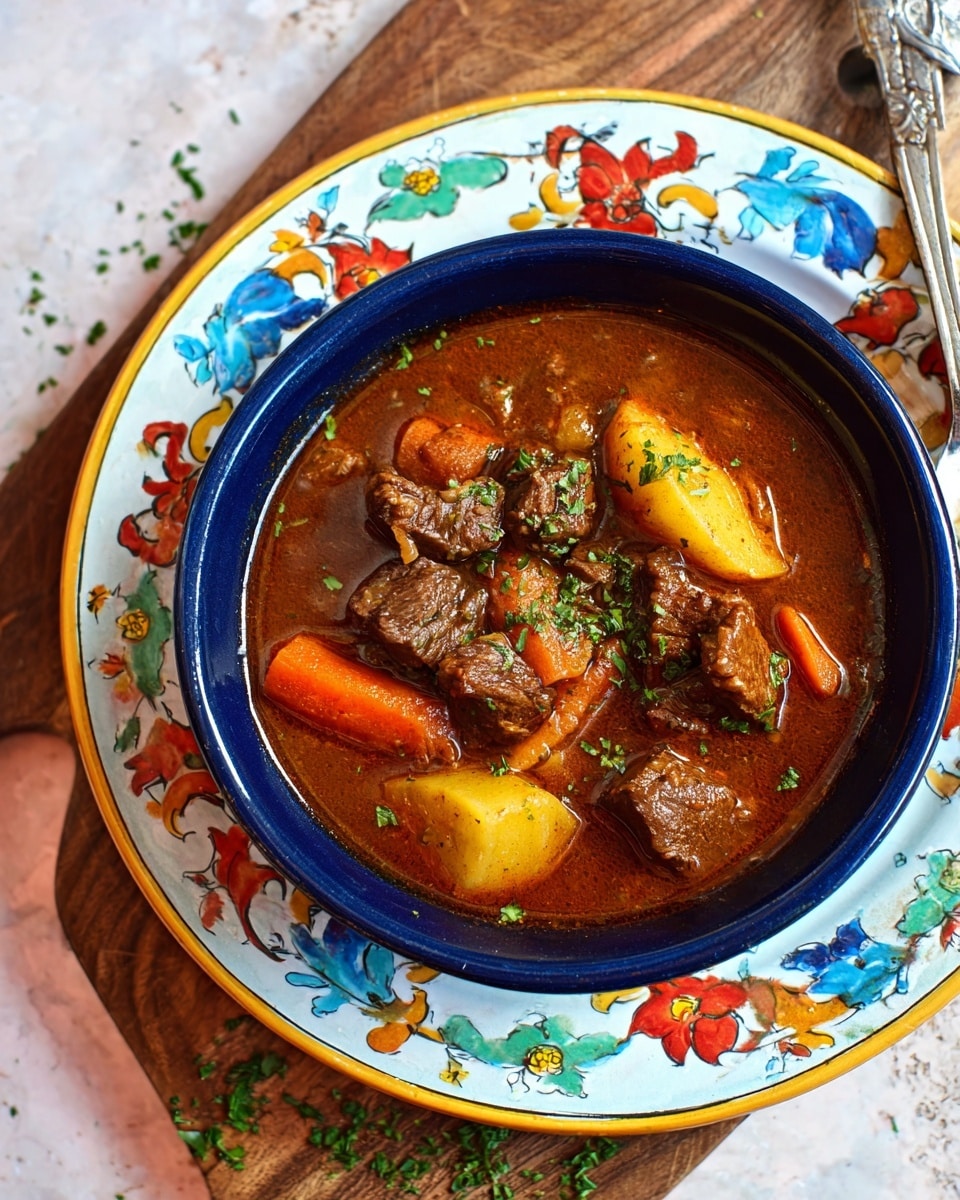 A close-up view of a bowl filled with rich beef stew, showing chunky pieces of tender brown beef mixed with soft orange carrots and golden yellow potatoes, all coated in a thick, dark red sauce. Small green herb pieces are sprinkled evenly on top, adding a fresh touch. A silver spoon peeks out on the right side of the bowl, which is white with a dark blue rim. The background is a white marbled texture. photo taken with an iphone --ar 4:5 --v 7