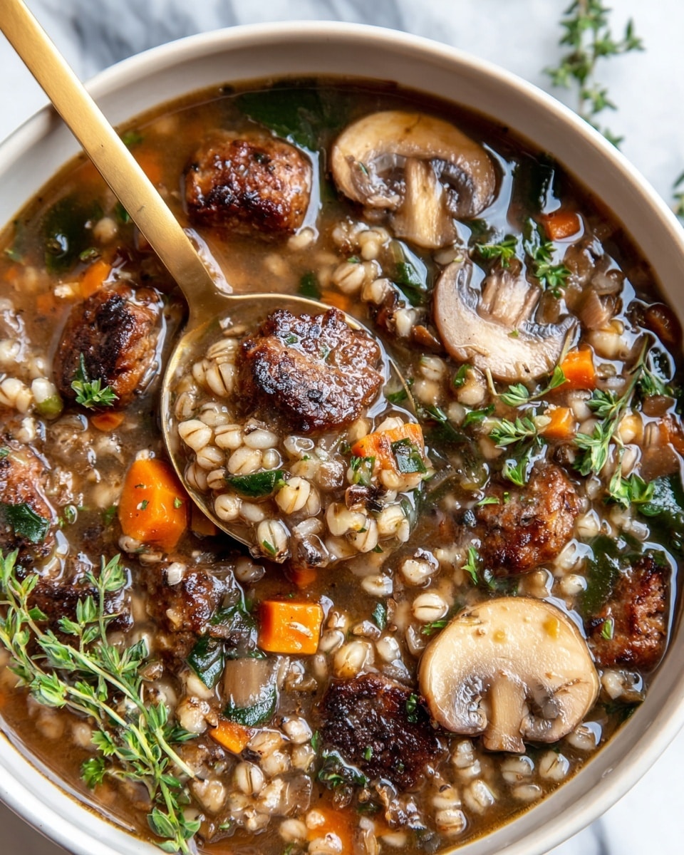 A close-up view of a thick soup in a white bowl showing several layers of ingredients: dark brown browned sausage chunks on the top and middle parts, light brown sliced mushrooms with a shiny, soft texture scattered around, small diced bright orange carrots, and green leafy herbs mixed throughout. The soup broth is glossy and brown with visible grains of barley or similar cereal, creating a chunky and hearty texture. A gold spoon scoops up a mixture of these ingredients at the center, surrounded by sprigs of fresh green parsley on the edge. The bowl rests on a white marbled surface. photo taken with an iphone --ar 4:5 --v 7