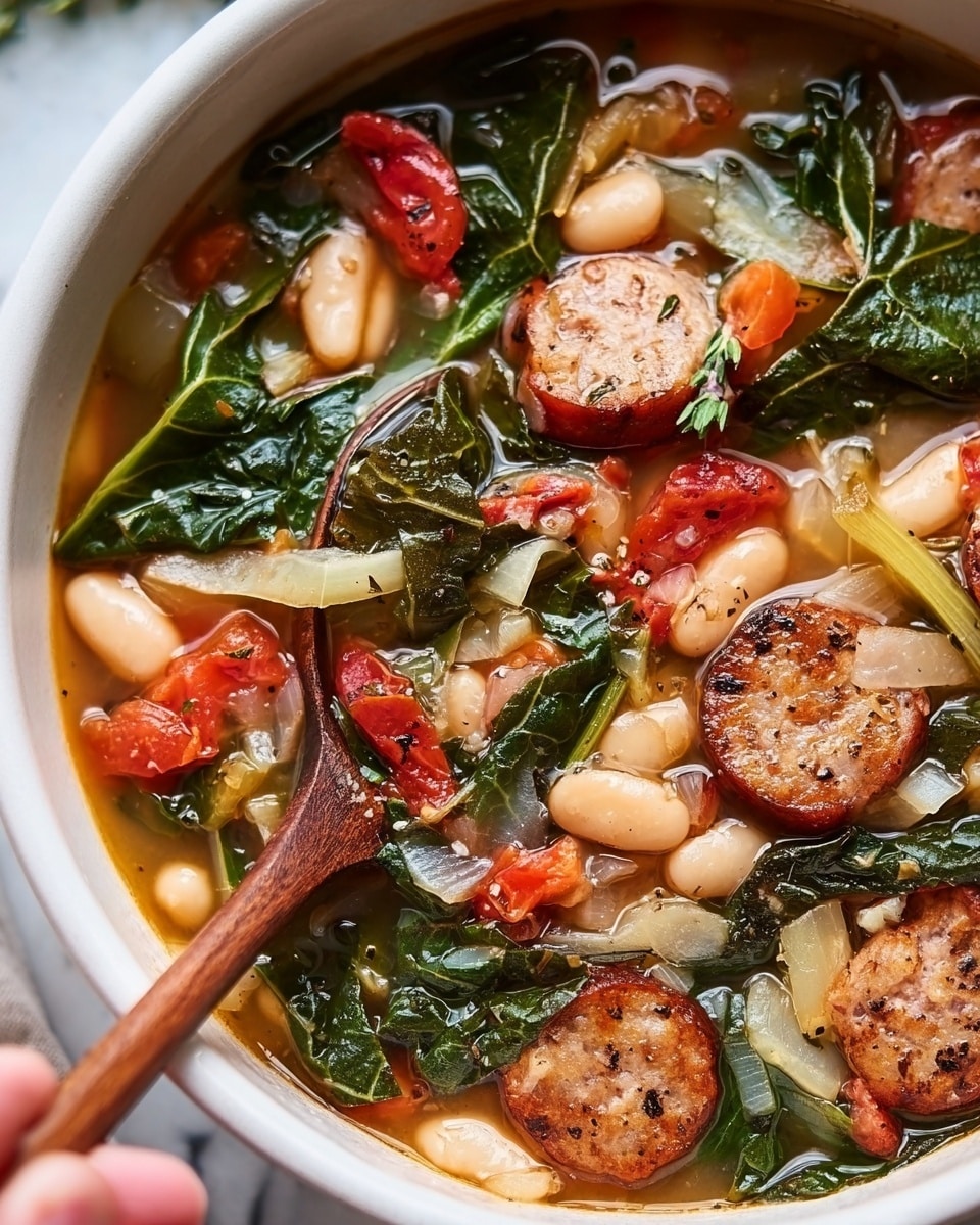 A close-up view of a white bowl filled with a colorful soup showing about four layers: the clear broth with light oil sheen forming the base, large white beans scattered throughout, bright green leafy vegetables and pinkish-red stems of Swiss chard layered above, and sliced rounds of browned sausage on top. Diced red tomato pieces and chunks of translucent onion add more color and texture. A wooden spoon rests partially submerged in the soup with the woman's hand holding it. The bowl sets on a white marbled surface. photo taken with an iphone --ar 4:5 --v 7
