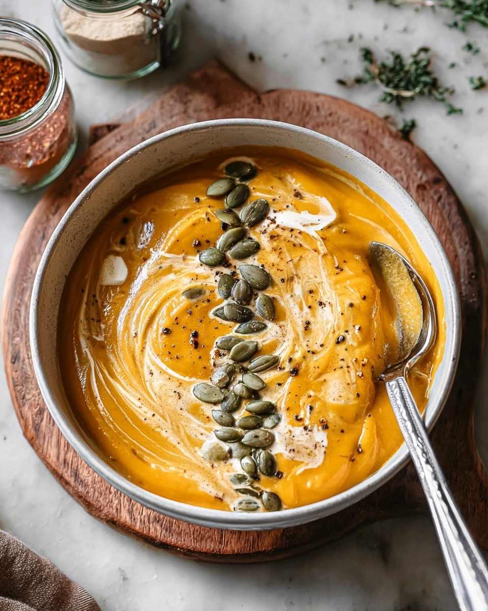 A bowl filled with creamy, thick pumpkin soup showing a smooth texture, bright orange color, and white cream swirled gently on top. The soup is garnished with a vertical line of green pumpkin seeds spread across the center. Some black pepper is lightly sprinkled over the surface, adding small dark spots. The bowl is white and sits on a round wooden board with a silver spoon placed inside on the right side, partially dipped in the soup. In the background, there are some herbs and two glass jars with powder and sauce on a white marbled surface. Photo taken with an iphone --ar 4:5 --v 7