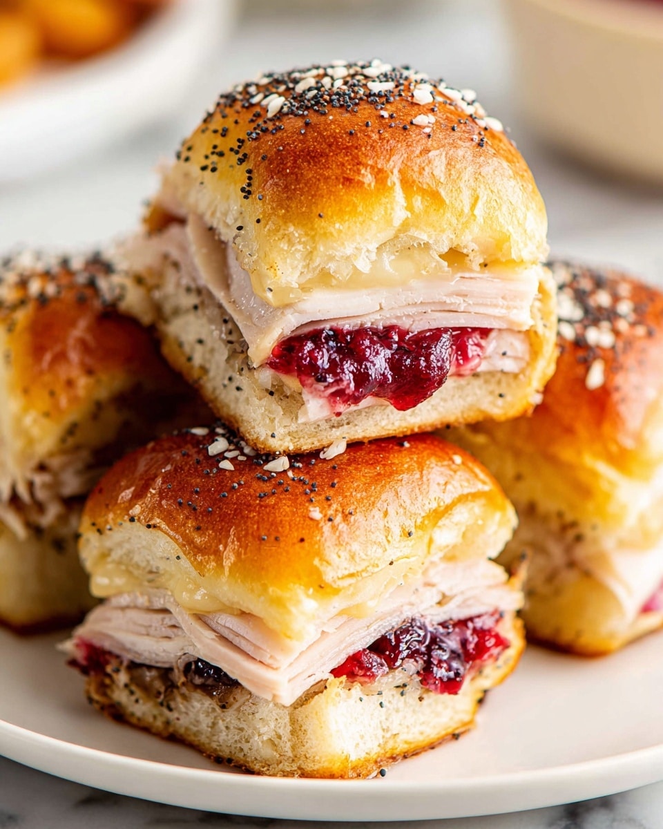 A close-up of three small sandwiches stacked on a white plate with two more white plates underneath, all on a white marbled surface. Each sandwich has a soft golden-brown top bun sprinkled with sesame and poppy seeds. Inside, the layers include thin slices of light turkey meat, melted cheese, and a bright red layer of cranberry sauce or jam, visible in the middle. The top sandwich is cut in half to show the inside clearly, with the soft fluffy texture of the bun and the contrasting colors of the turkey, cheese, and cranberry layer. Photo taken with an iphone --ar 4:5 --v 7