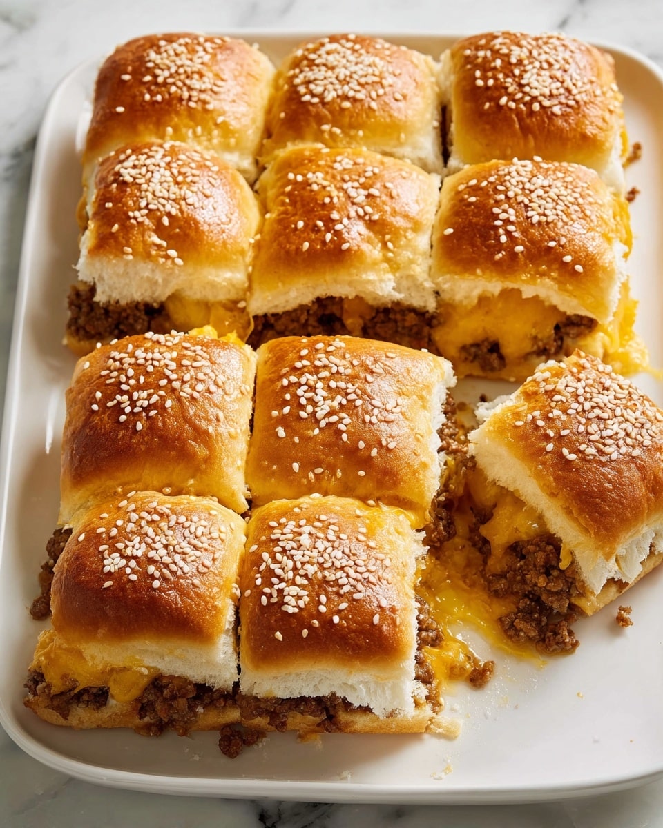 A square arrangement of nine small white sandwich rolls with golden-brown tops sprinkled with white sesame seeds is displayed on a white plate. Each roll is sliced in half, showing a layer of crumbled cooked ground beef and melted yellow and white cheese inside. The cheese oozes slightly between the rolls, blending the layers together. One sandwich is pulled away from the group, revealing the soft texture of the bread and the filling. The plate sits on a white marbled surface. photo taken with an iphone --ar 4:5 --v 7