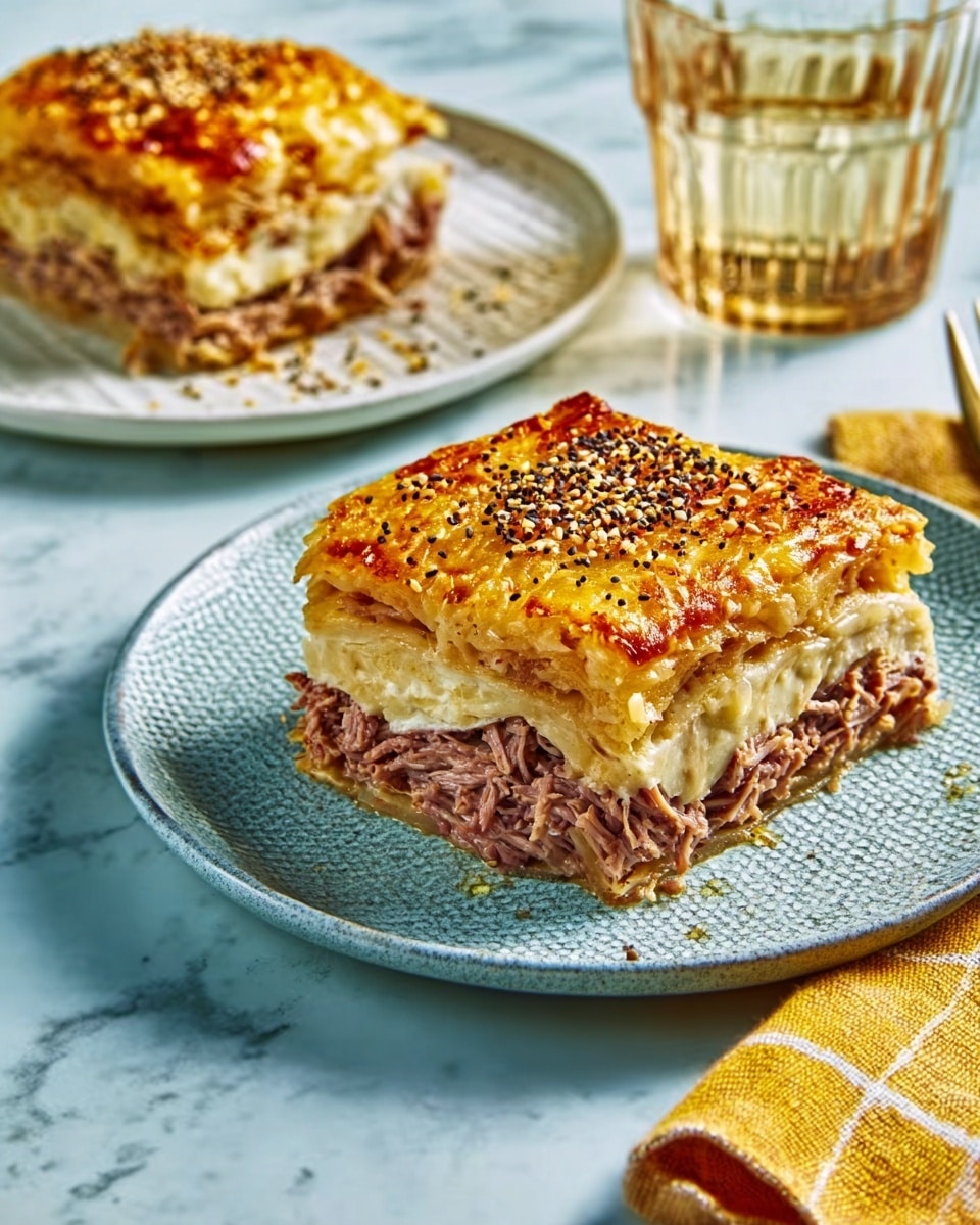 A square piece of layered food sits on a white plate with a textured surface, placed on a white marbled table. The bottom layer is shredded meat in a brown color, topped by a creamy, pale yellow layer that appears soft and smooth. The top layer is golden brown with a crispy, slightly browned texture, sprinkled with black and white seeds or spices. In the background, there is a glass of water and a folded yellow checkered cloth nearby. A second white plate with a similar piece is visible further back. Photo taken with an iphone --ar 4:5 --v 7