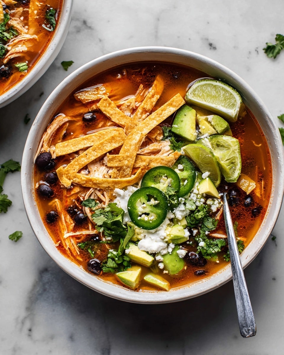 A white bowl filled with a vibrant soup layered with shredded light brown chicken pieces and black beans scattered throughout a reddish broth. On top, crispy golden brown tortilla strips are spread evenly, with slices of bright green jalapeño placed near the center. Creamy white cheese crumbles contrast with chunks of light green avocado and fresh cilantro leaves scattered on the surface. Three lime wedges rest on one side, and a silver spoon is partially submerged in the soup on the right side of the bowl. The bowl is set on a white marbled texture surface photo taken with an iphone --ar 4:5 --v 7