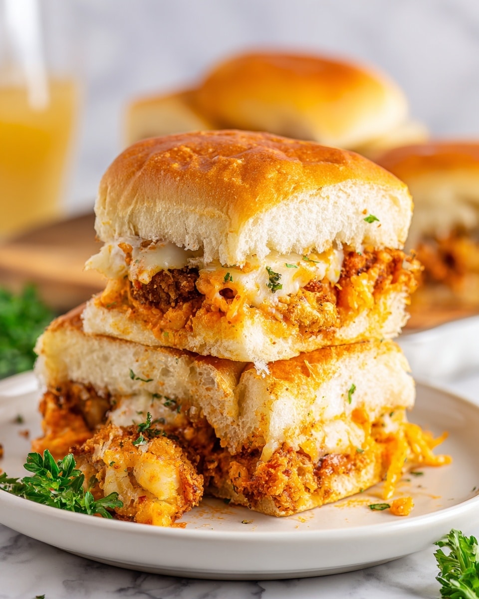 The image shows two sandwich pieces stacked on a white plate placed on a white marbled surface. Each sandwich has three visible layers: the top layer is a golden brown, slightly crispy bun with a soft texture and a few specks of herbs; the middle layer contains a mix of crispy fried chicken pieces with a light orange coating and melted pale yellow cheese; the bottom layer is the soft white bread base that holds the fillings together. The filling appears juicy and slightly messy with bits of fried coating and cheese sticking out. Some fresh green parsley is visible around the plate, and a blurred sandwich is in the background. The photo taken with an iphone --ar 4:5 --v 7