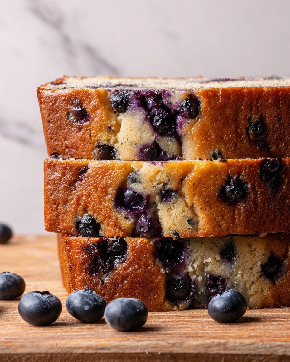 The image shows three thick slices of blueberry bread stacked on top of each other, placed on a wooden surface. Each slice has a golden-brown crust with a slightly shiny, moist texture. The inside of the bread is light beige with visible blueberries embedded throughout, their deep purple color contrasting with the bread. A few blueberries are scattered around the base of the bread stack, adding to the visual focus on the fruit. The background features a white marbled texture, giving a clean and bright appearance. Photo taken with an iphone --ar 4:5 --v 7