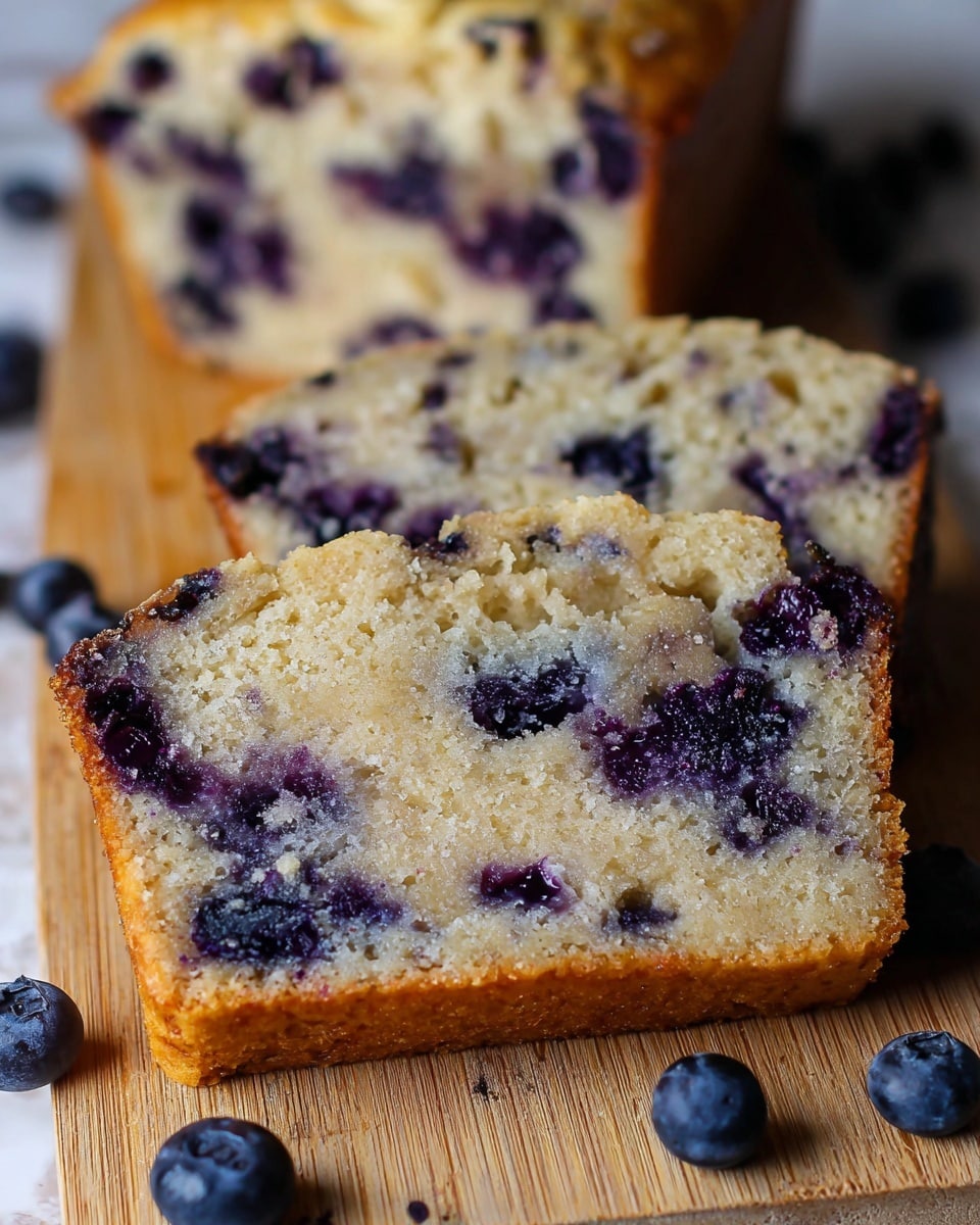The image shows three slices of blueberry cake, each with a golden-brown crust and a soft, creamy inside filled with dark purple blueberries evenly spread through the light beige cake. The texture of the cake looks moist and slightly crumbly, with some blueberries bursting and seeping juice, creating small dark spots inside the slices. The slices are placed on a wooden board with some scattered blueberries around them. In the background, the edge of a larger unsliced cake with a similar appearance is visible. The setting is on a white marbled surface. photo taken with an iphone --ar 4:5 --v 7