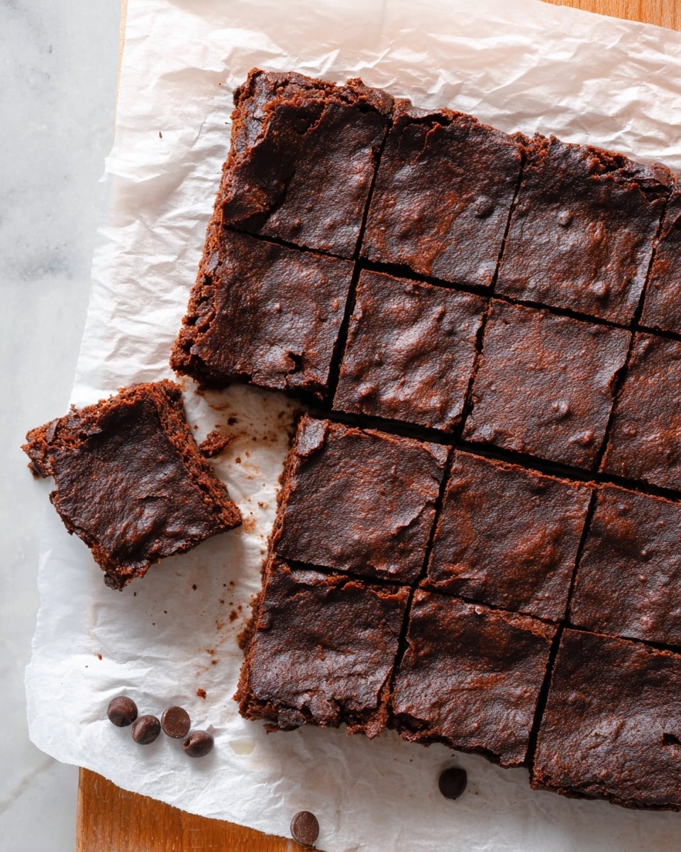A close-up top view of a square batch of brownies resting on white parchment paper. The brownies have a dark, rich chocolate color with a slightly cracked and textured surface. They are cut into a grid of smaller squares, with some squares separated and tilted on the right side, showing the dense and moist inside. A few loose chocolate chips are scattered around on the parchment and the wood board under it, which contrasts with the white marbled surface underneath. Photo taken with an iphone --ar 4:5 --v 7