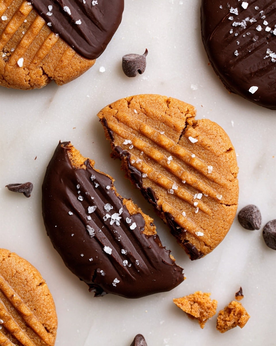 The image shows broken peanut butter cookies dipped halfway in smooth dark chocolate, placed on a white marbled surface. Each cookie has a single layer with a caramel brown, slightly crumbly texture and a crosshatched pattern pressed into the dough. The half dipped side has a shiny, thick layer of dark chocolate with a few flakes of sea salt sprinkled on top, giving a slight sparkle. Scattered around the cookies are a few individual chocolate chips and bits of cookie crumbs, adding detail to the simple scene. Photo taken with an iphone --ar 4:5 --v 7