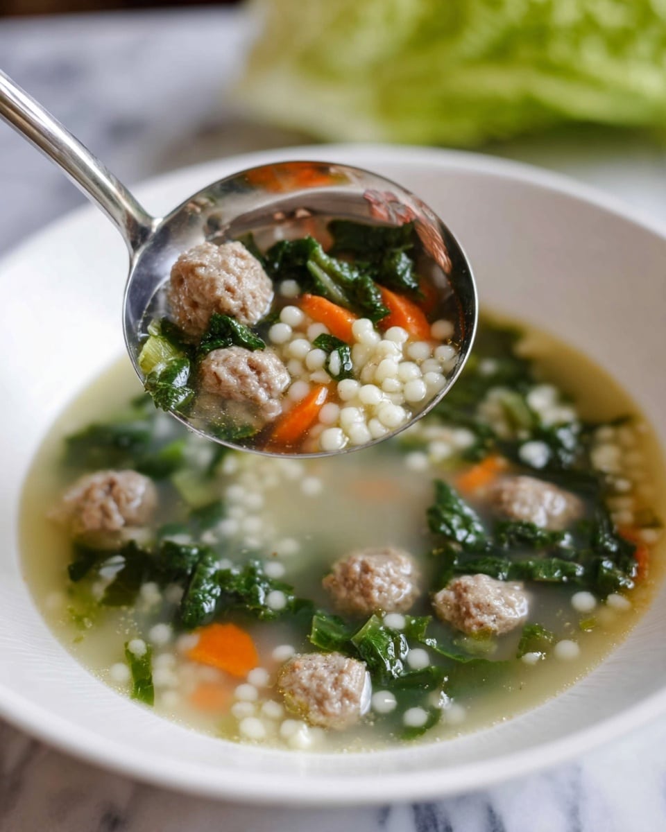 A white bowl filled with clear broth soup containing small light brown meatballs, bright orange carrot slices, green leafy vegetables, and small white round pasta pearls. A shiny silver ladle is lifting some soup from the bowl, showing all the ingredients clearly. The background features a blurred white marbled surface and a hint of green lettuce. Photo taken with an iphone --ar 4:5 --v 7