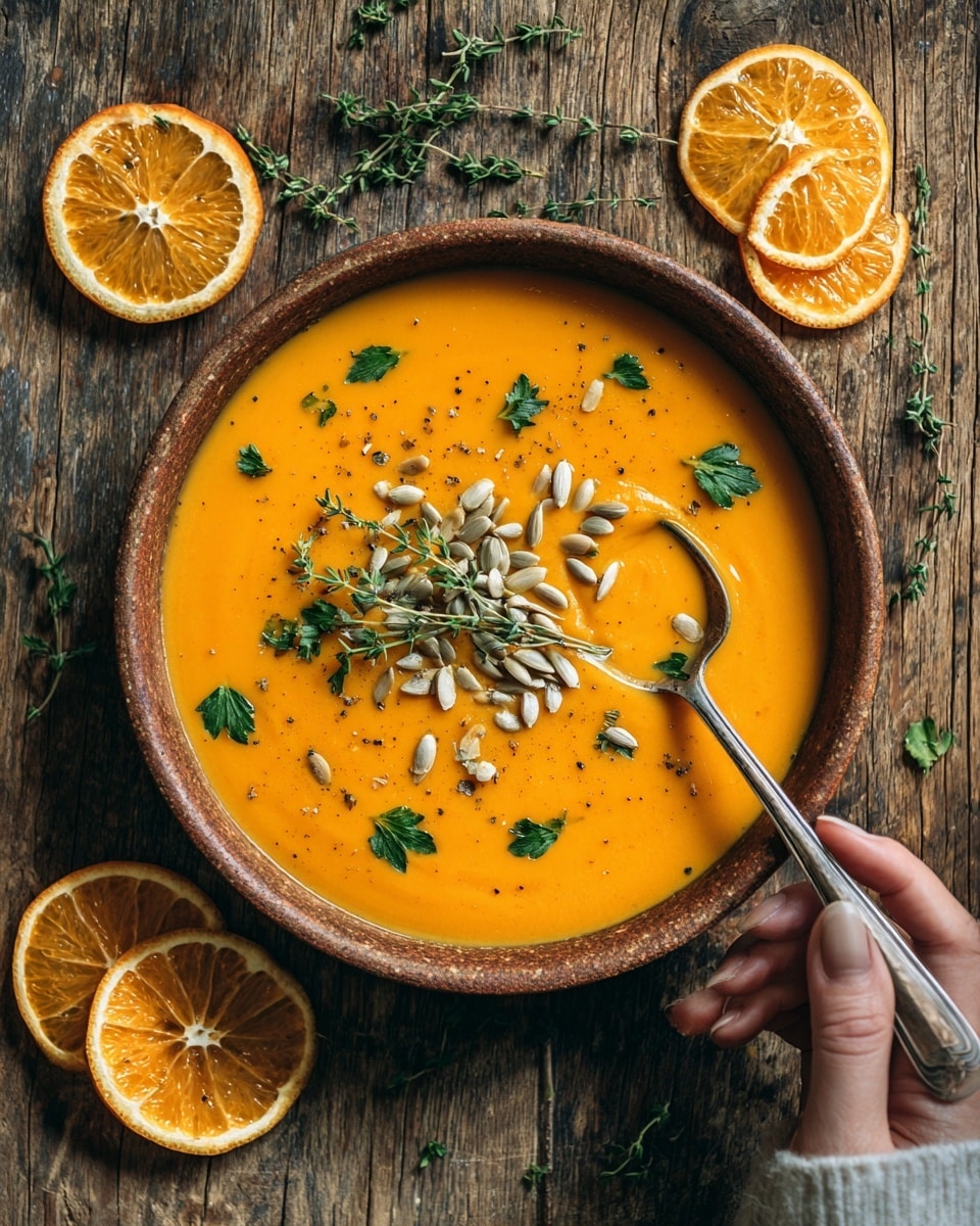 A small round bowl made of clay filled with thick, smooth orange soup that has a creamy texture. On top of the soup, there are light tan sunflower seeds sprinkled near the center and a small green thyme branch laying across the bowl. Fresh parsley leaves with bright green color are placed around the edge of the bowl, with some leaves leaning outward. A silver spoon is dipped into the soup on the right side of the bowl, held by a woman's hand that is only partially visible. The bowl rests on a rustic wooden surface with some orange slices and thyme sprigs around it. photo taken with an iphone --ar 4:5 --v 7