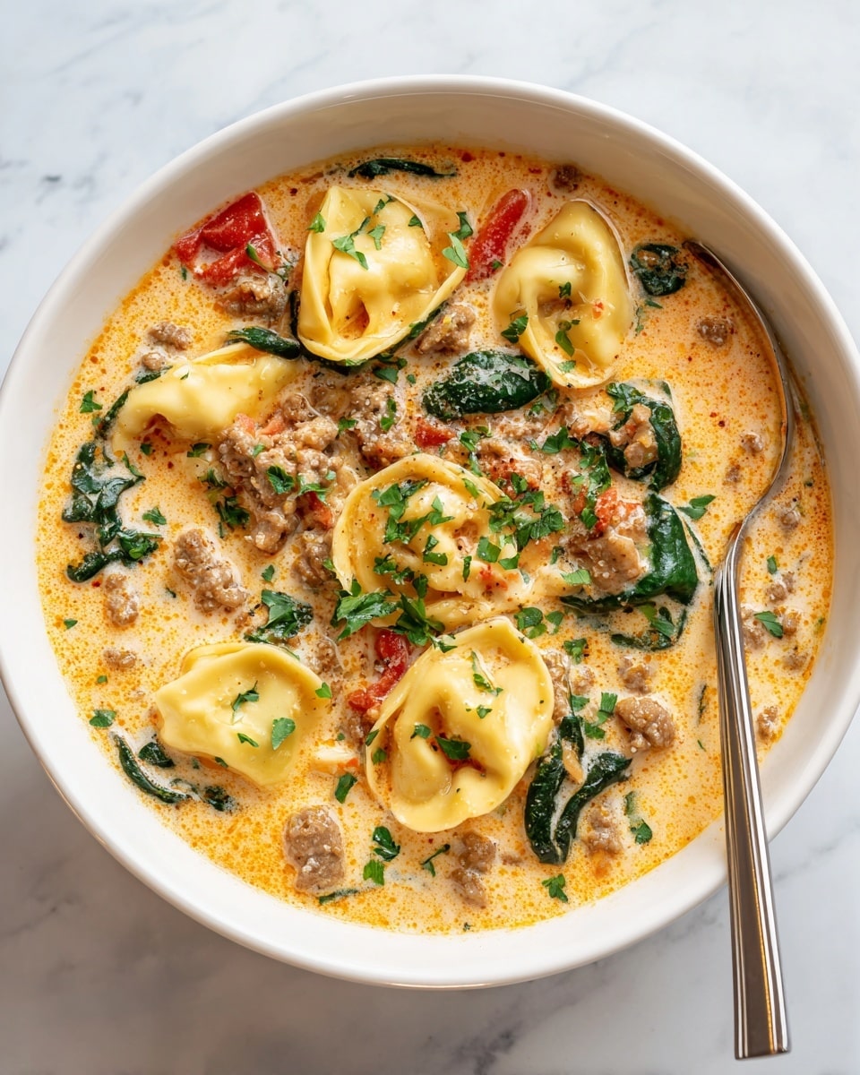 The image shows a white bowl filled with creamy soup that has a light orange color with specks of spices. The soup contains three visible pieces of tortellini pasta, which are pale yellow and slightly shiny. There are fresh spinach leaves and small chunks of browned ground meat mixed through the soup. Small red tomato pieces and bright green chopped parsley are scattered on top, adding color contrast. A silver spoon rests inside the bowl on the right side. The bowl sits on a white marbled surface. Photo taken with an iphone --ar 4:5 --v 7