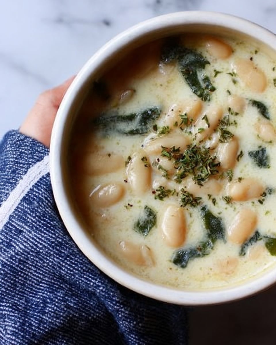 The image shows three white bowls of soup on a white marbled surface. The largest bowl on the left contains a thick, light yellow soup with white beans, bright orange carrot pieces, and bits of dark green leafy vegetables, with a copper spoon placed on one side inside the bowl. To the right and below, there are two smaller white bowls with black rims, each filled with a clear reddish-brown broth soup with small pieces of vegetables and a few green herb leaves floating on top. There is also a bunch of fresh green herbs placed on the white marbled surface near the bowls. photo taken with an iphone --ar 4:5 --v 7