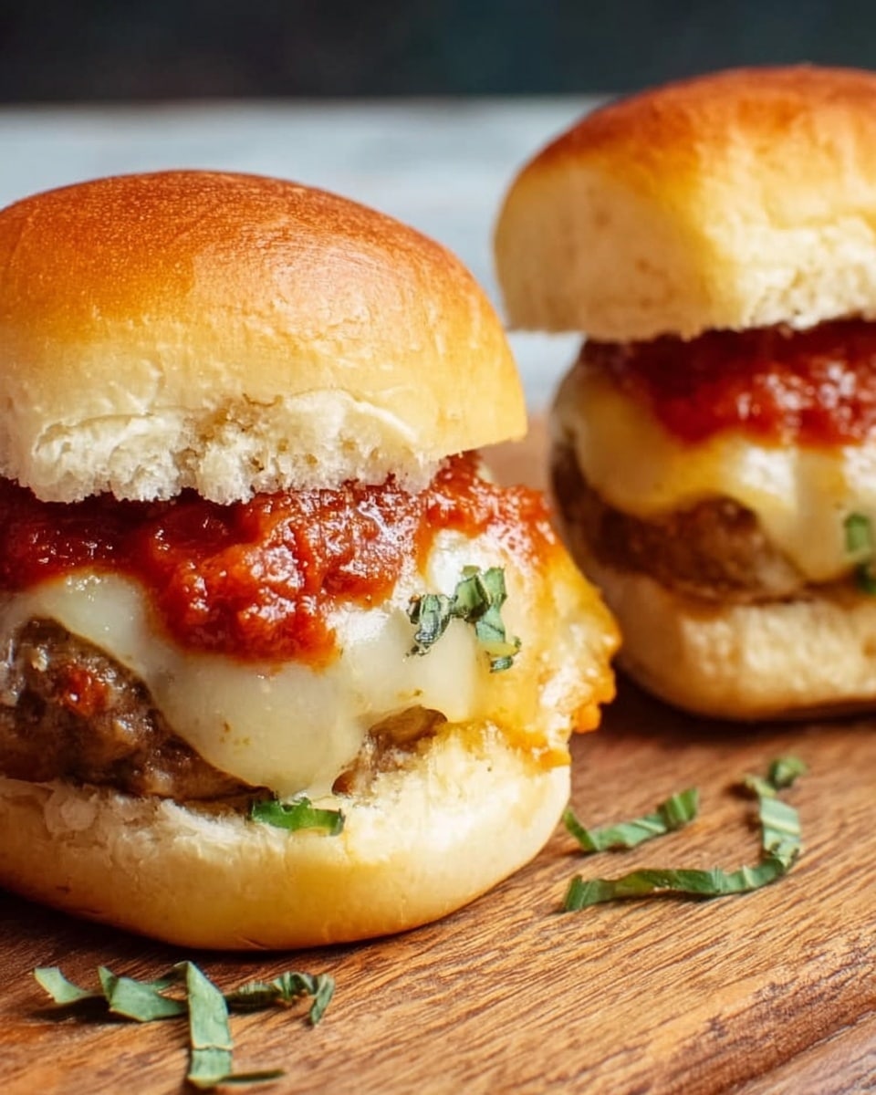 Two small sandwiches rest on a wooden board. Each sandwich has a soft, light golden top bun. Below the top bun is a thick layer of bright red tomato sauce with some fresh green herbs sprinkled over it. Under the sauce is a slice of melted light yellow cheese covering a round, slightly browned meat patty. The bottom bun is soft and white, holding the layers together. The background is a white marbled texture. photo taken with an iphone --ar 4:5 --v 7