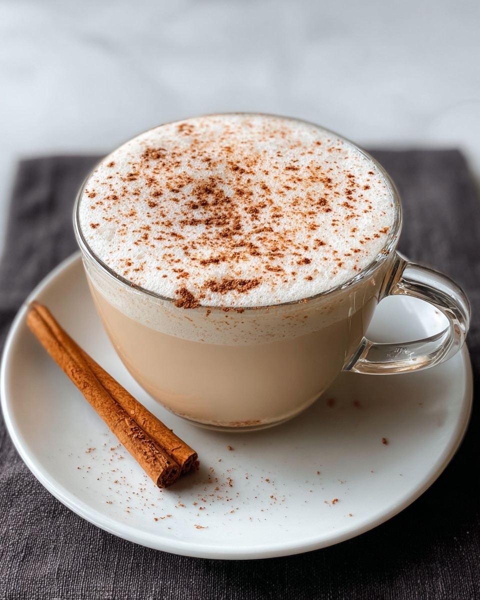 A clear glass cup filled with a creamy light beige drink topped with a thick white foam layer sprinkled with brown cinnamon powder all over. The cup sits on a white plate, which holds a single brown cinnamon stick resting beside the cup. The scene is set on a white marbled surface, with the glass handle visible on the right side of the cup. photo taken with an iphone --ar 4:5 --v 7