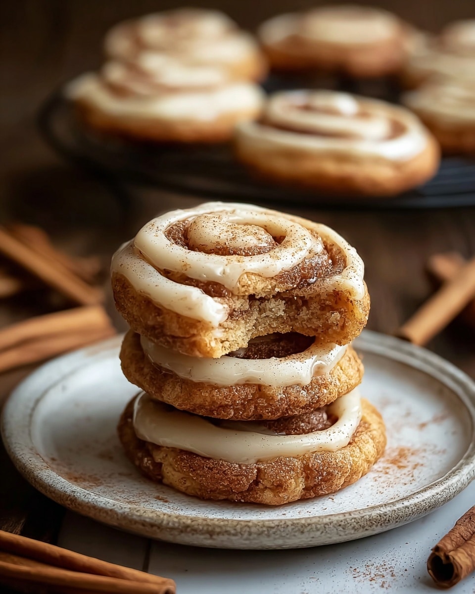A stack of three cinnamon roll cookies sits on a white plate with a rough texture, each cookie having a golden-brown color and a thick swirl of creamy white icing dusted lightly with cinnamon on top. The cookies are soft with visible cinnamon specks throughout. In the background, more cinnamon roll cookies rest on a round black wire rack. Cinnamon sticks are scattered around the plate on a white marbled surface. The overall lighting is warm and cozy, creating a homey atmosphere. photo taken with an iphone --ar 4:5 --v 7