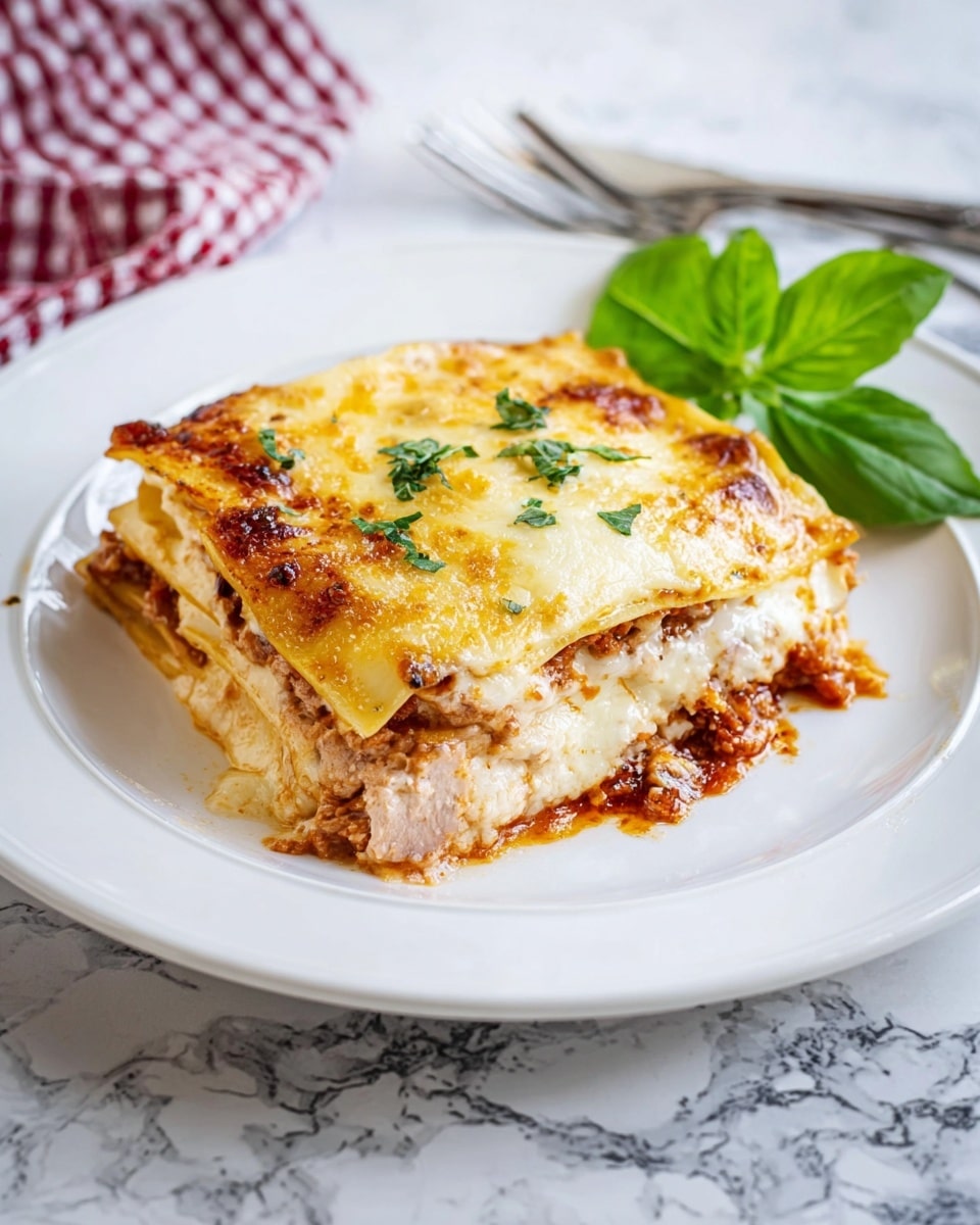 A square portion of lasagna is served on a white plate, showing four visible layers starting with a bottom layer of browned pasta sheet, followed by a thick layer of ground meat sauce with rich red and brown tones, then a creamy white cheese layer mixed with bits of meat, topped with a golden brown, bubbly melted cheese layer sprinkled with small green herb pieces. A fresh bright green basil leaf sits on top as garnish. The plate rests on a white marbled surface with a red and white striped cloth and green basil leaves blurred in the background. photo taken with an iphone --ar 4:5 --v 7