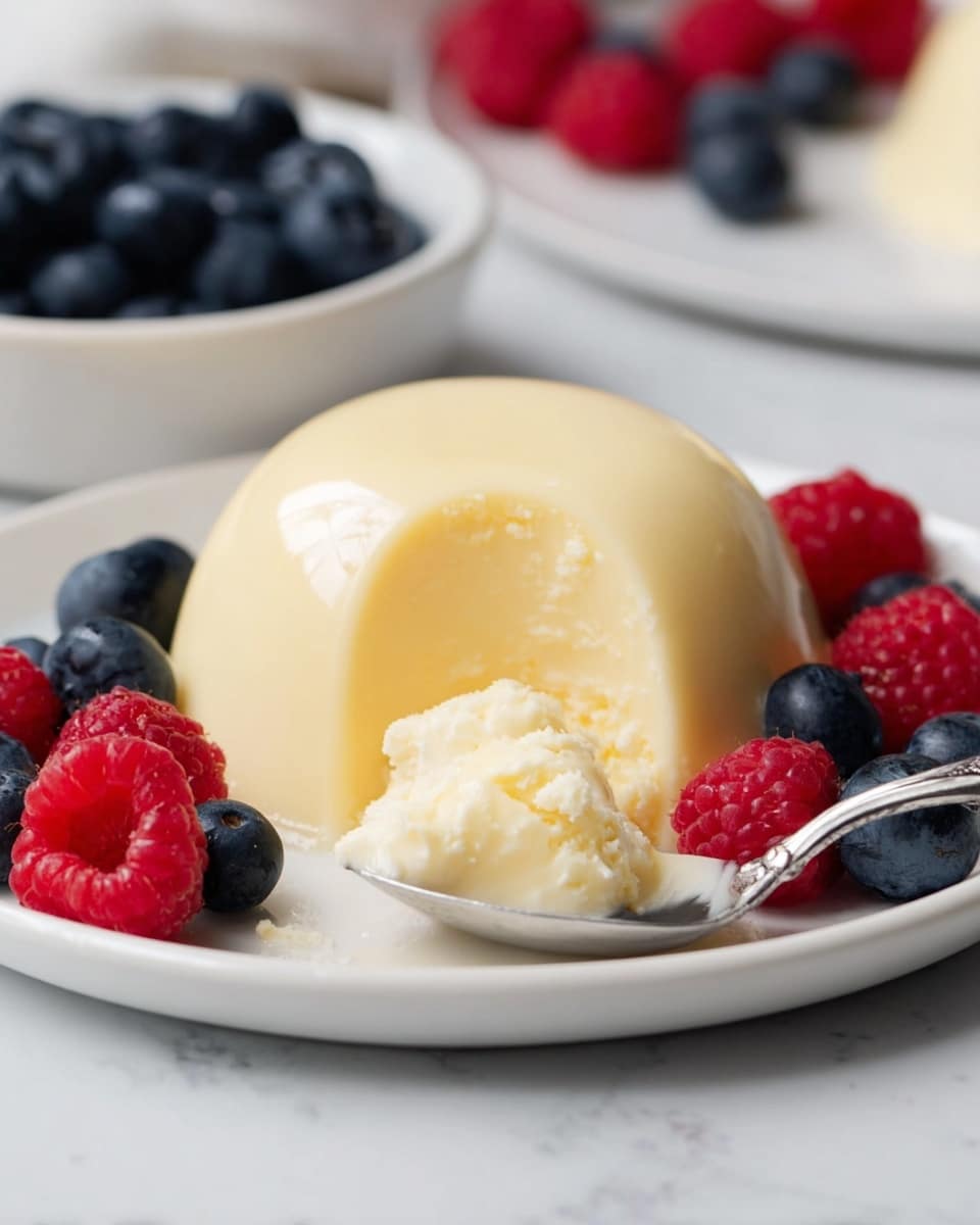 A smooth, white panna cotta dome sits on a white plate against a white marbled surface. On top of the panna cotta is a half strawberry with its green leaves. Around the base, fresh red raspberries and three plump blueberries rest beside a small sprig of bright green mint leaves. Small drops and smears of red fruit sauce decorate the plate near the dessert, adding a splash of color. photo taken with an iphone --ar 4:5 --v 7