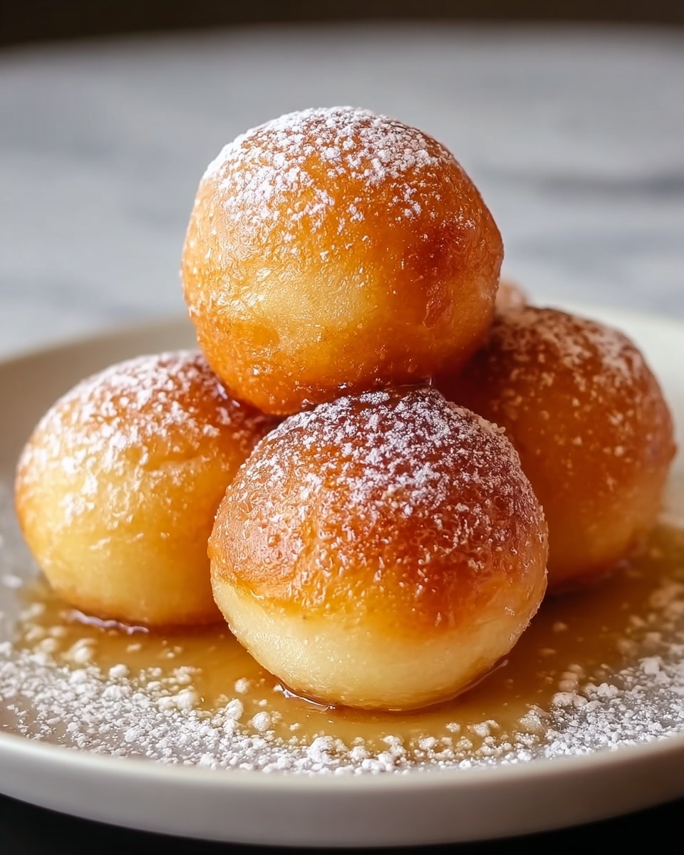 The image shows a stack of five round, golden-brown fried dough balls arranged in a pyramid on a white plate, with four balls at the bottom and one on top. Each ball has a shiny, slightly textured surface with a light dusting of white powdered sugar, adding a soft contrast to the warm color. The dough balls are moist, glistening with syrup pooling slightly at the base. The background features a white marbled texture that enhances the warm tones of the dough balls. photo taken with an iphone --ar 4:5 --v 7