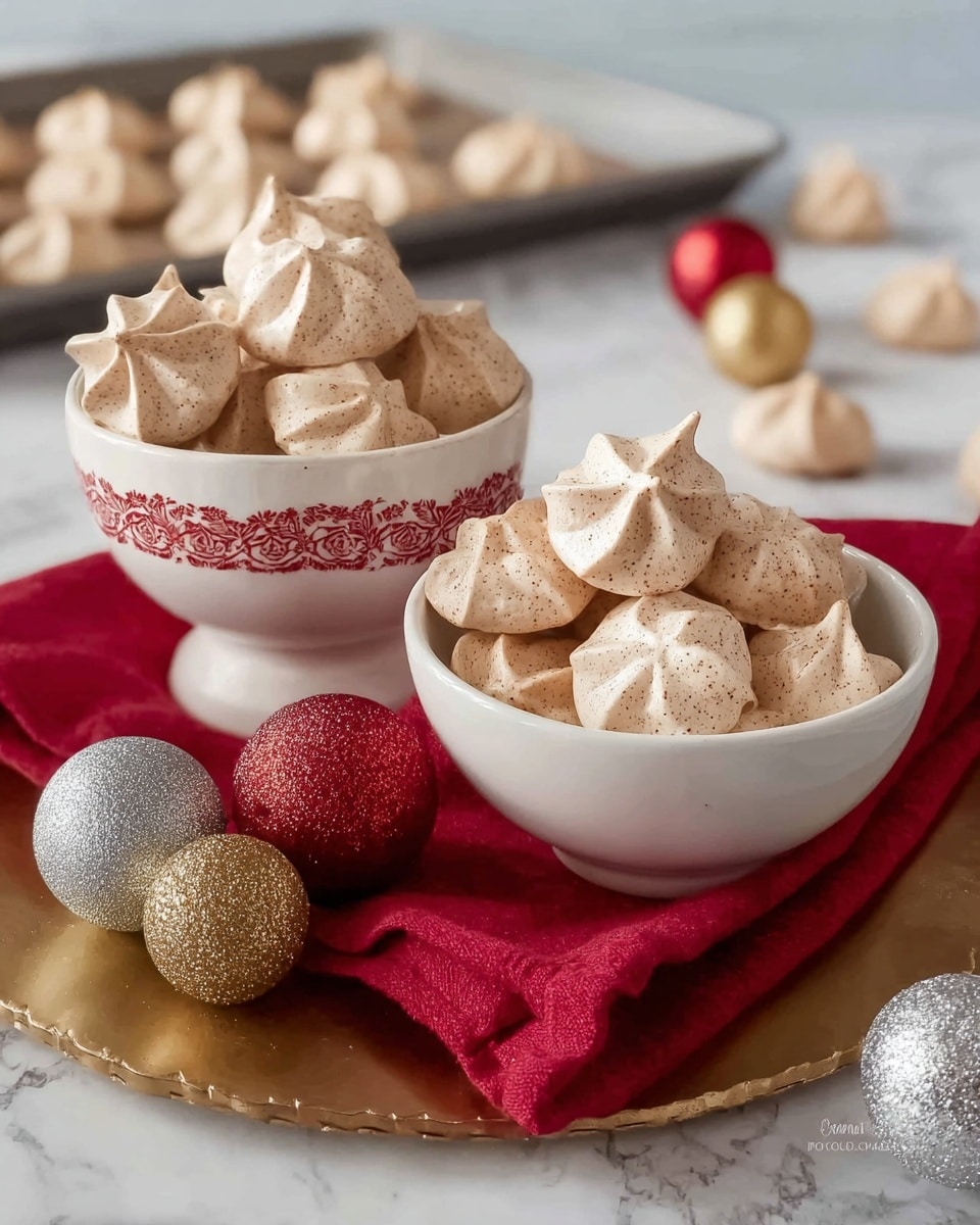 Two bowls filled with small light brown meringue cookies are placed on a shiny gold round tray over a white marbled surface. The bowl on the left is white with red patterns and is stacked with meringues that have a dusting of brown specks, while the bowl on the right is plain white and filled with more meringues. Around the bowls are a few loose meringues and three glittery round ornaments in red, gold, and silver. A red cloth napkin is underneath the left bowl, and a baking sheet with more meringues is visible blurred in the background. Photo taken with an iphone --ar 4:5 --v 7
