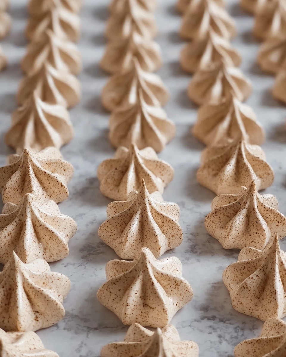 The image shows several rows of small, light brown, star-shaped meringue cookies neatly piped on a white marbled surface. Each cookie has smooth, slightly glossy ridges with a pointed peak in the center and a dusting of darker brown specks on top, giving a texture contrast. The rows stretch evenly across the surface, creating a pattern that draws the eye. photo taken with an iphone --ar 4:5 --v 7