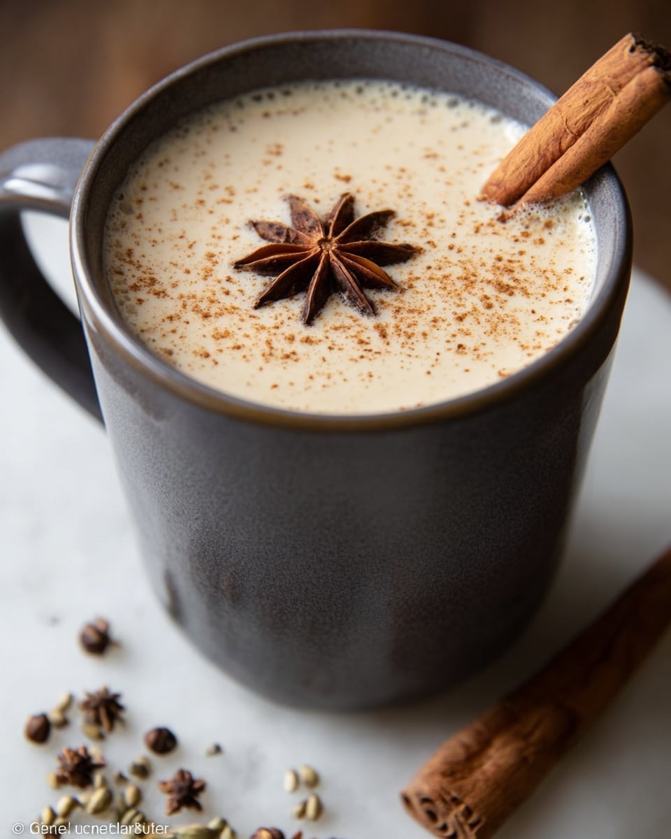A dark gray ceramic mug filled to the brim with a creamy beige drink, topped with a light dusting of brown powder. An eight-pointed star anise floats near the center, and a cinnamon stick stands upright on one side of the cup. The mug sits on a white marbled surface with scattered whole spices like cloves and seeds around it. Photo taken with an iphone --ar 4:5 --v 7
