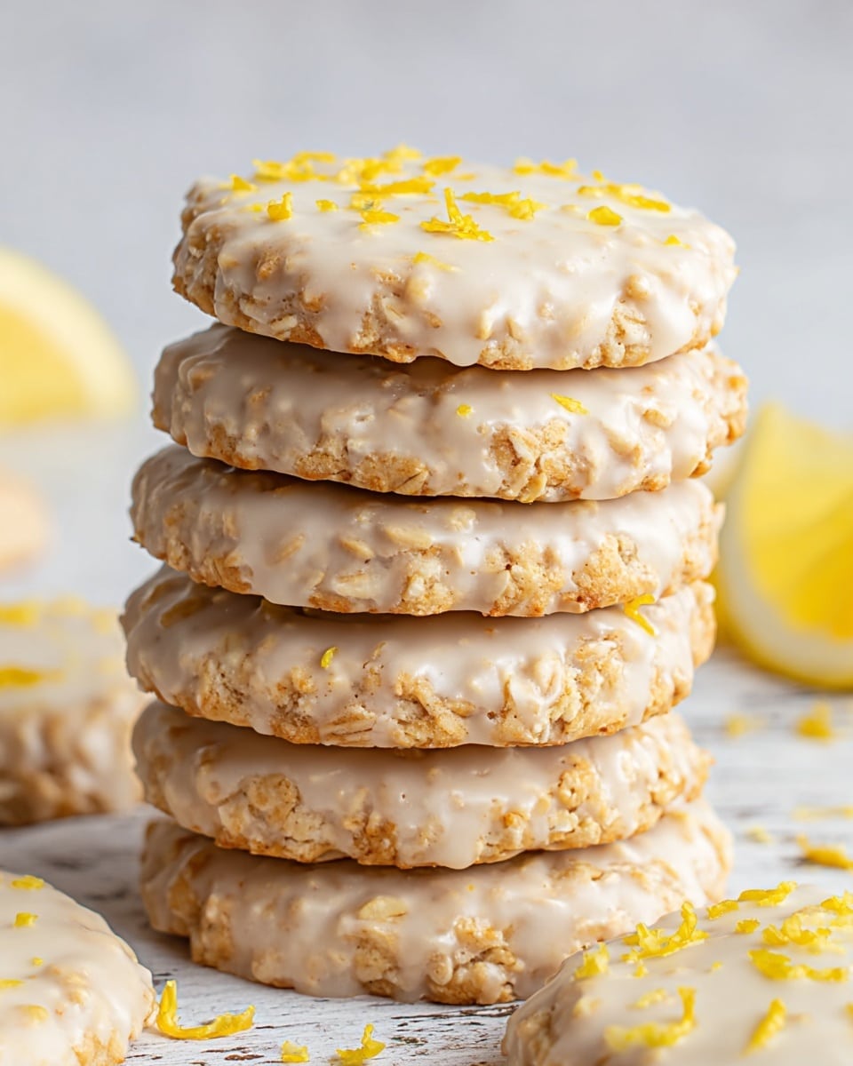 A stack of six round lemon-flavored cookies with a creamy white glaze and visible small bits of nuts or oats layered evenly, each cookie also topped with small yellow lemon zest flakes giving a textured look; the cookies sit on a white marbled textured surface, with lemon wedges partially visible on the right side, and a few more cookies and lemon zest pieces scattered around, all elements brightly lit with soft natural light, photo taken with an iphone --ar 4:5 --v 7