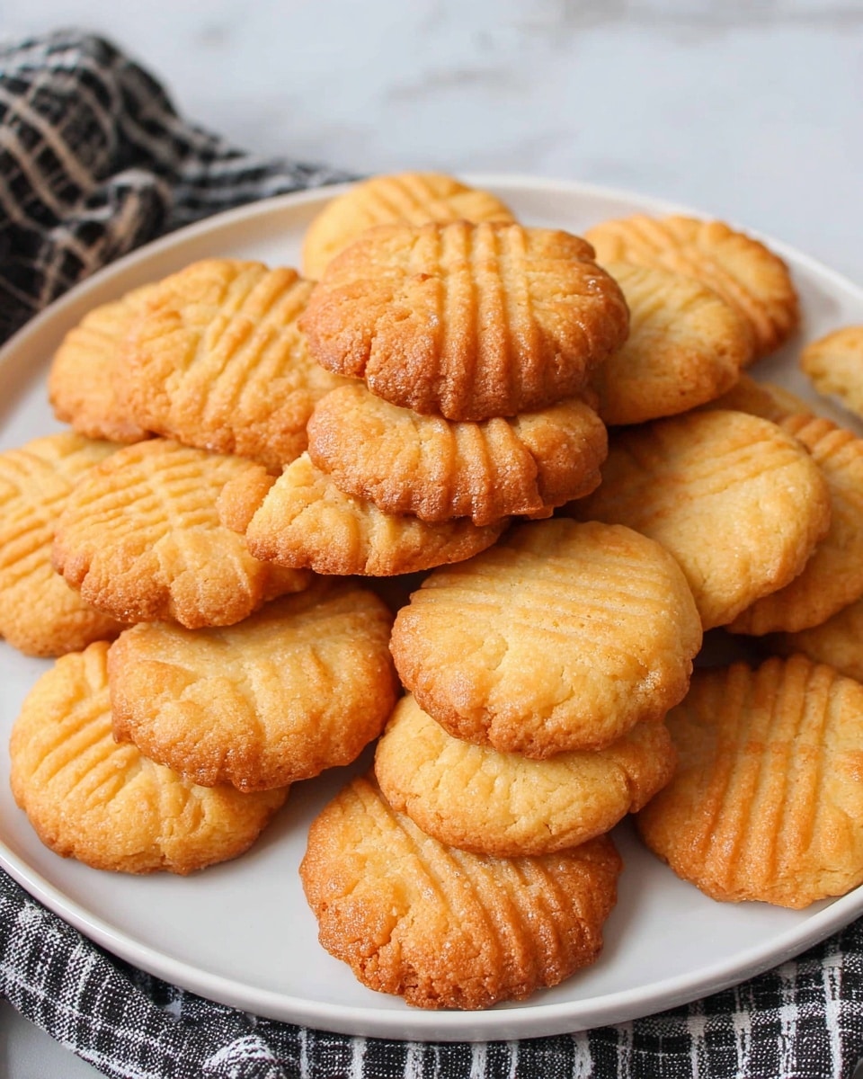 A white plate full of round, golden cookies with a shiny baked surface featuring a crisscross pattern on top. The cookies have scalloped edges and a slightly thick texture, stacked in a small pile in the middle of the plate. The plate sits on a white marbled surface with a black and white cloth partially visible under the edge. photo taken with an iphone --ar 4:5 --v 7