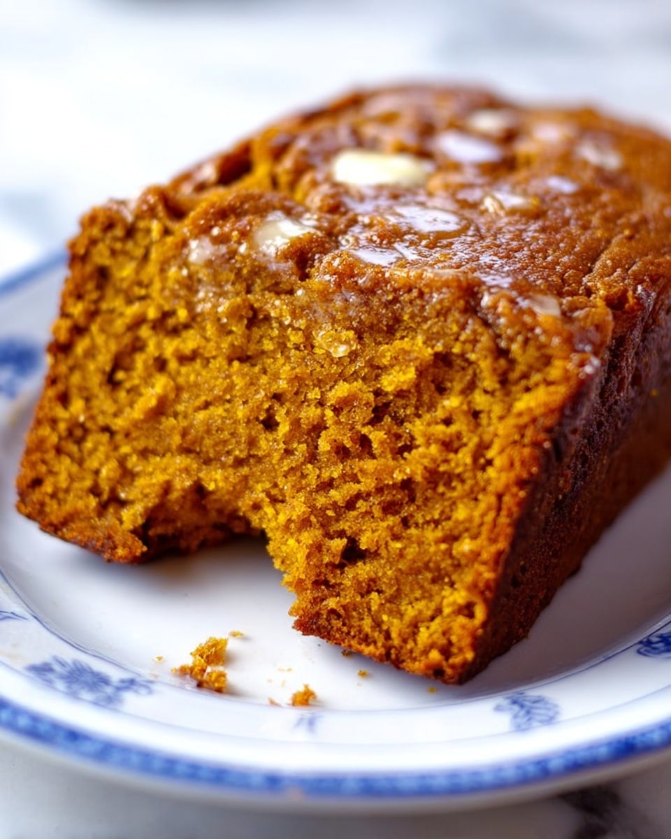 A single thick slice of moist pumpkin bread with a rough texture and deep orange color, shown on a white plate with faint blue patterns. The top layer is slightly cracked with melted butter spots glistening, while the sides are browned and firm. A bite is taken from the bottom left corner, revealing the soft and crumbly inner texture. The background is a white marbled surface. photo taken with an iphone --ar 4:5 --v 7